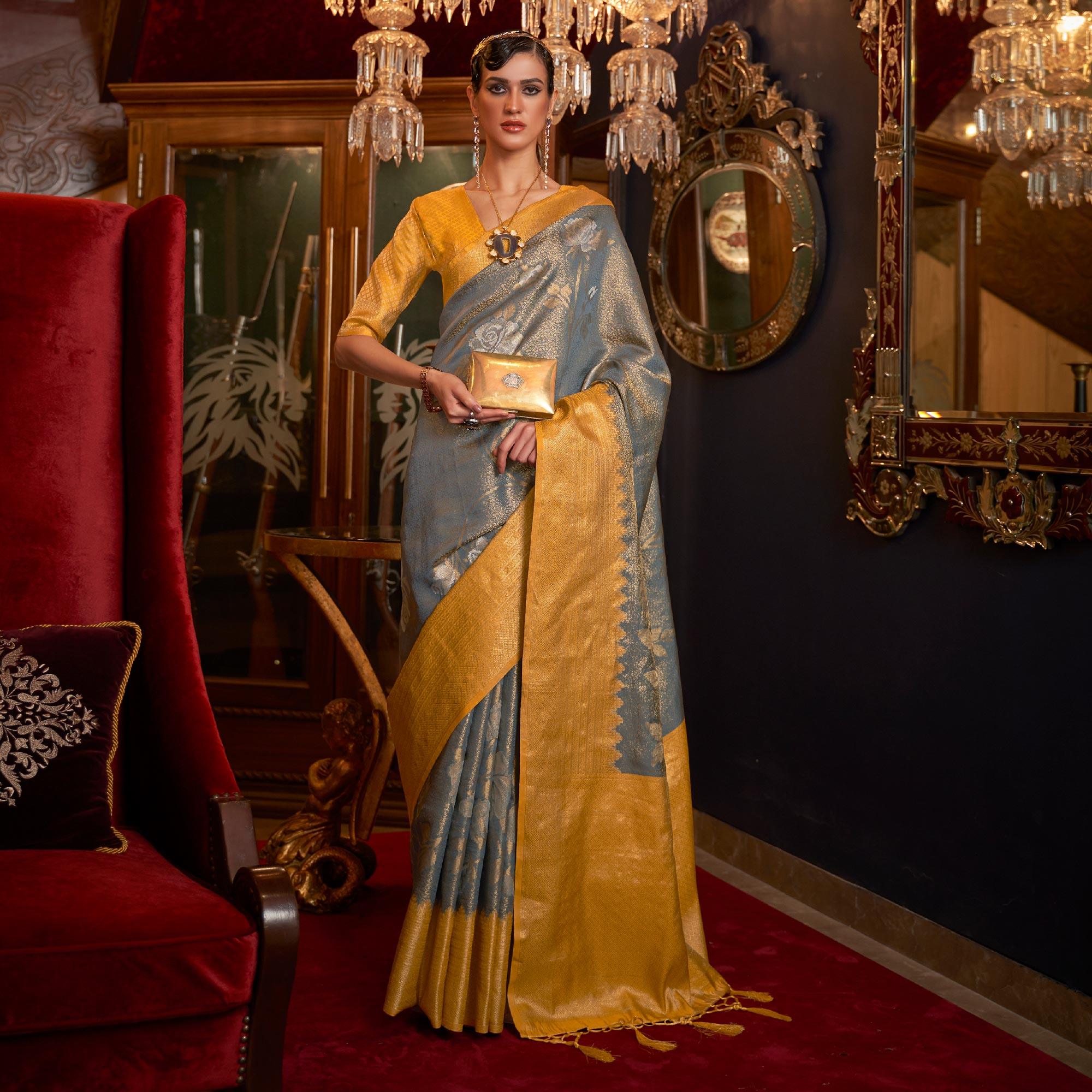 Grey Woven Pure Silk Saree With Tassels - Peachmode