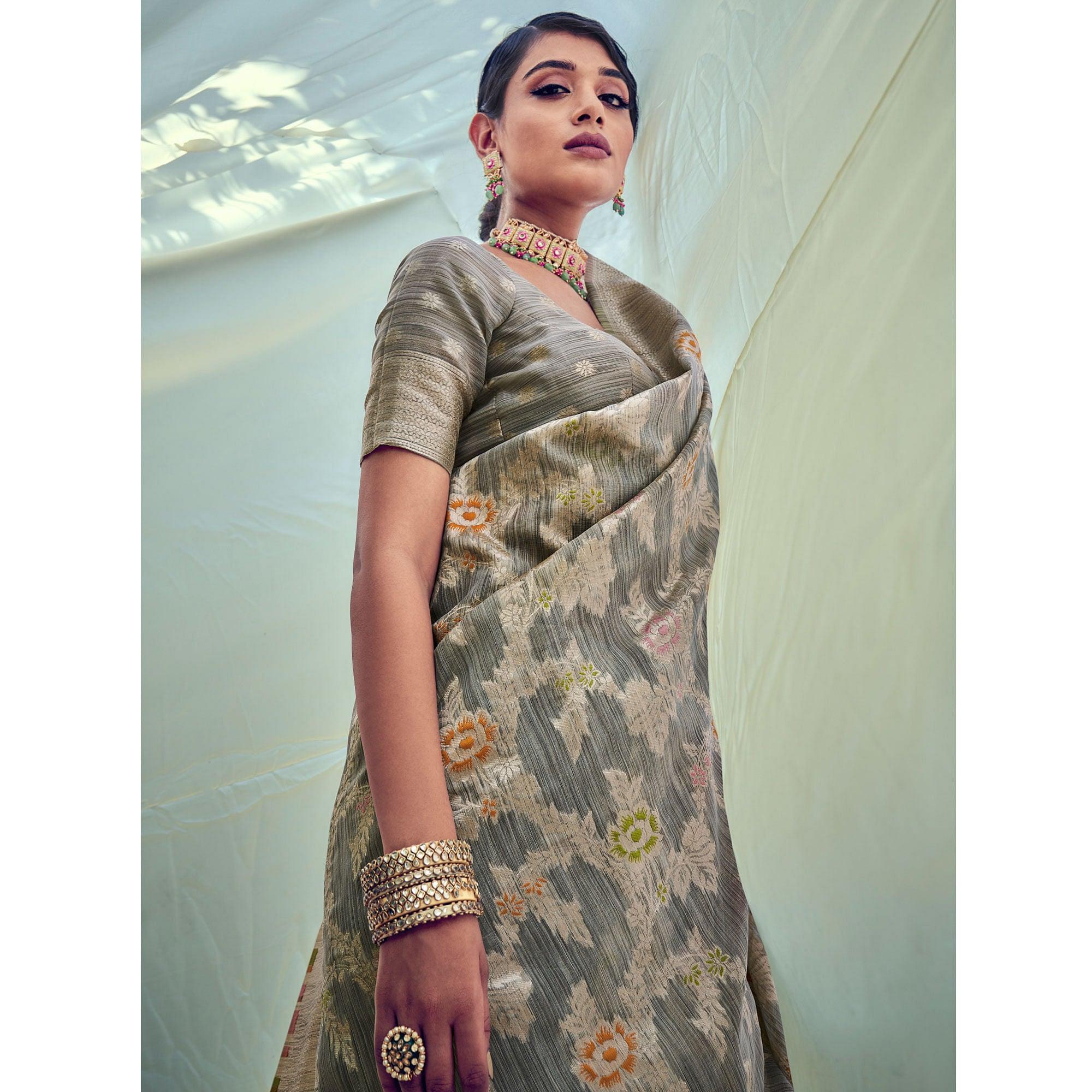 Grey Woven Pure Silk Saree With Tassels - Peachmode
