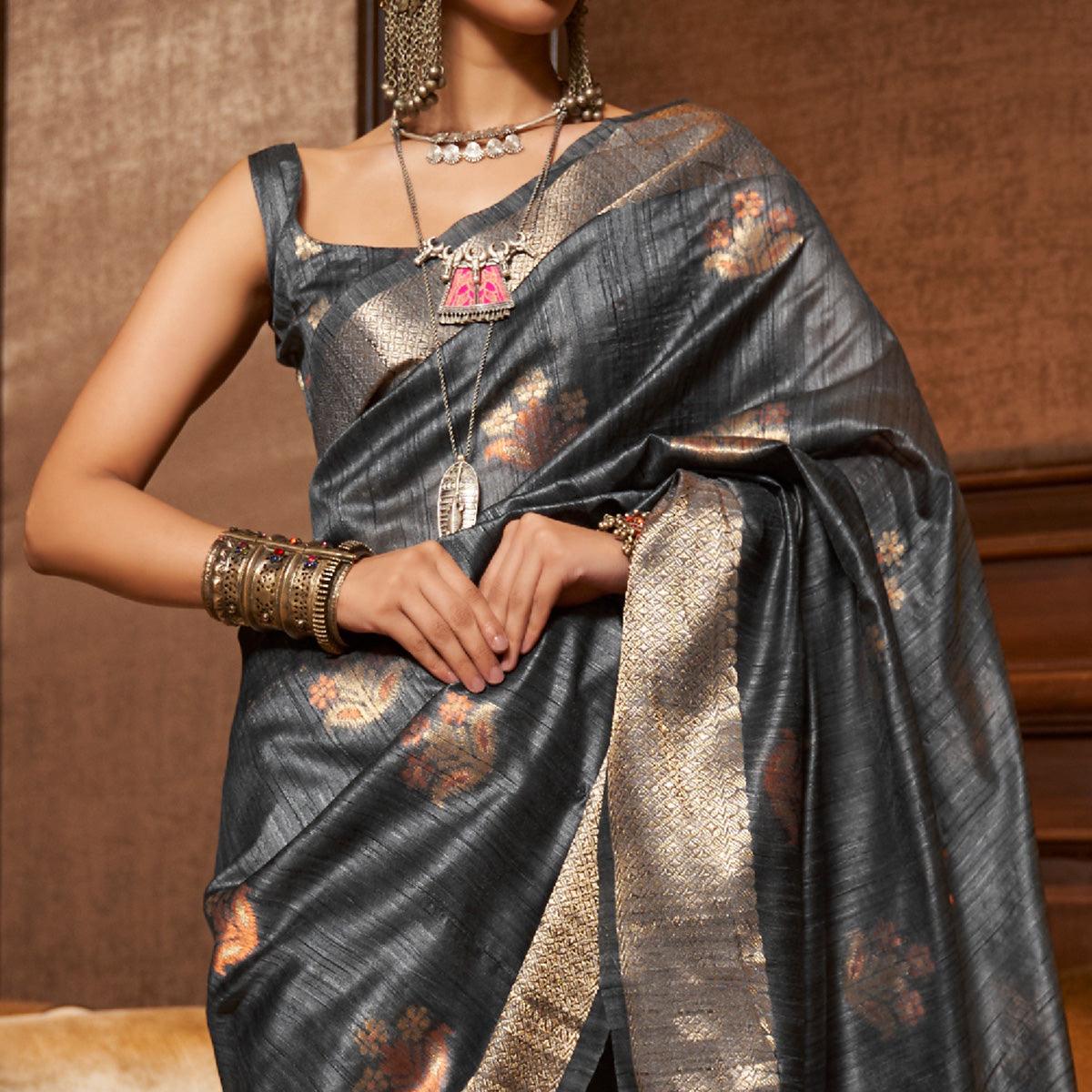 Grey Woven Pure Silk Saree With Tassels - Peachmode