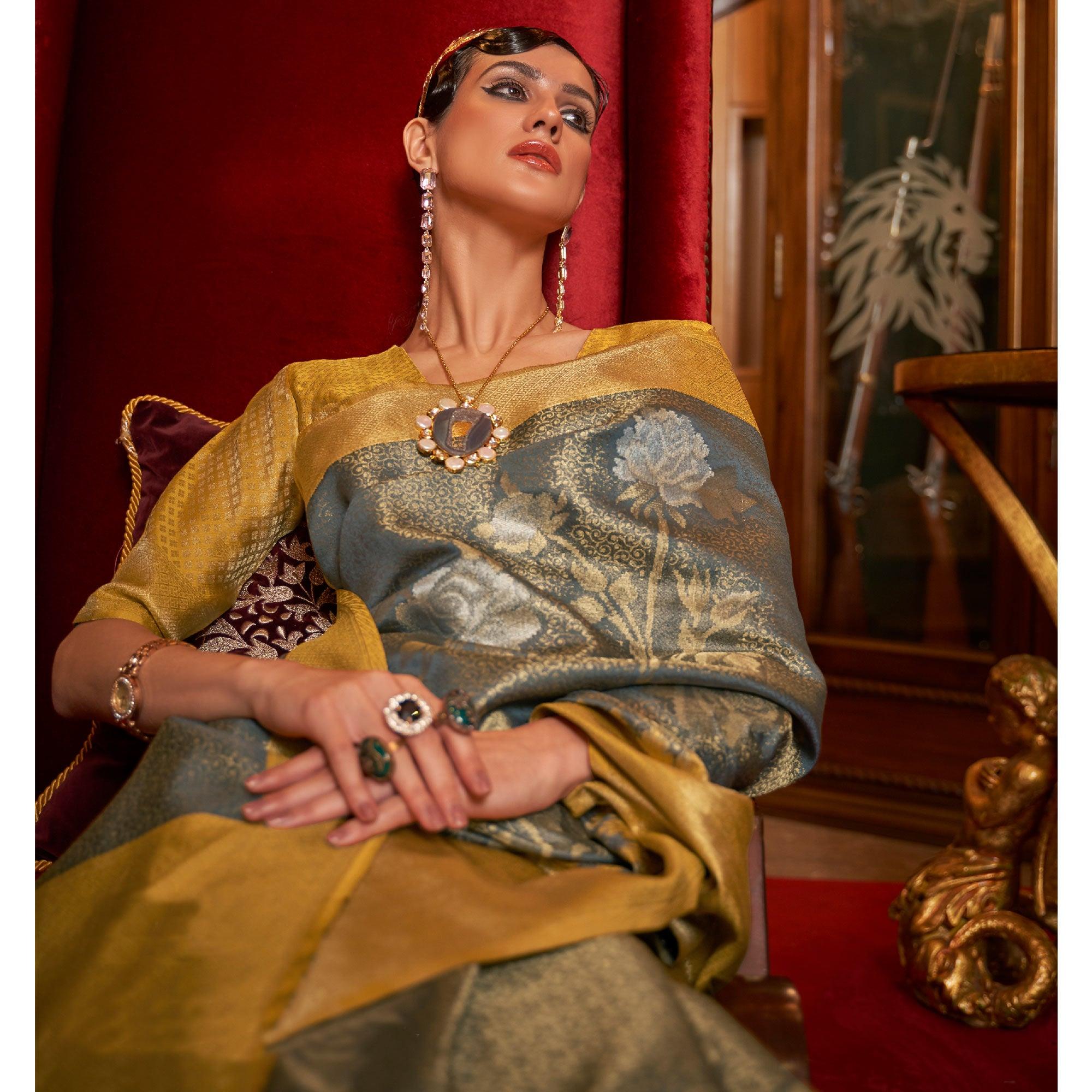 Grey Woven Pure Silk Saree With Tassels - Peachmode
