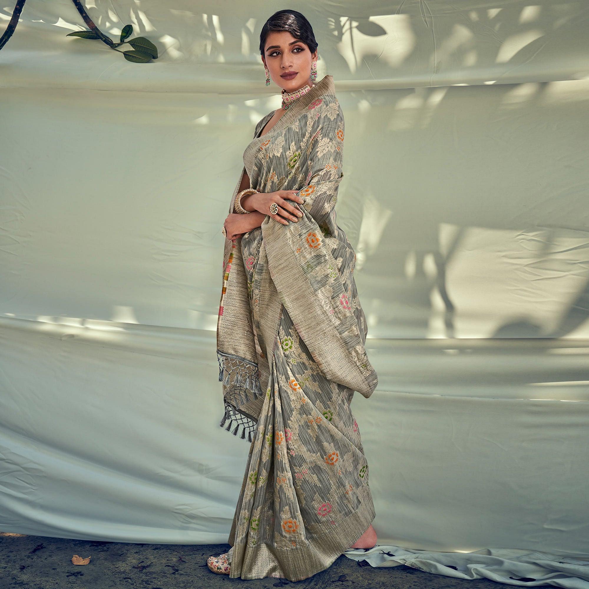 Grey Woven Pure Silk Saree With Tassels - Peachmode