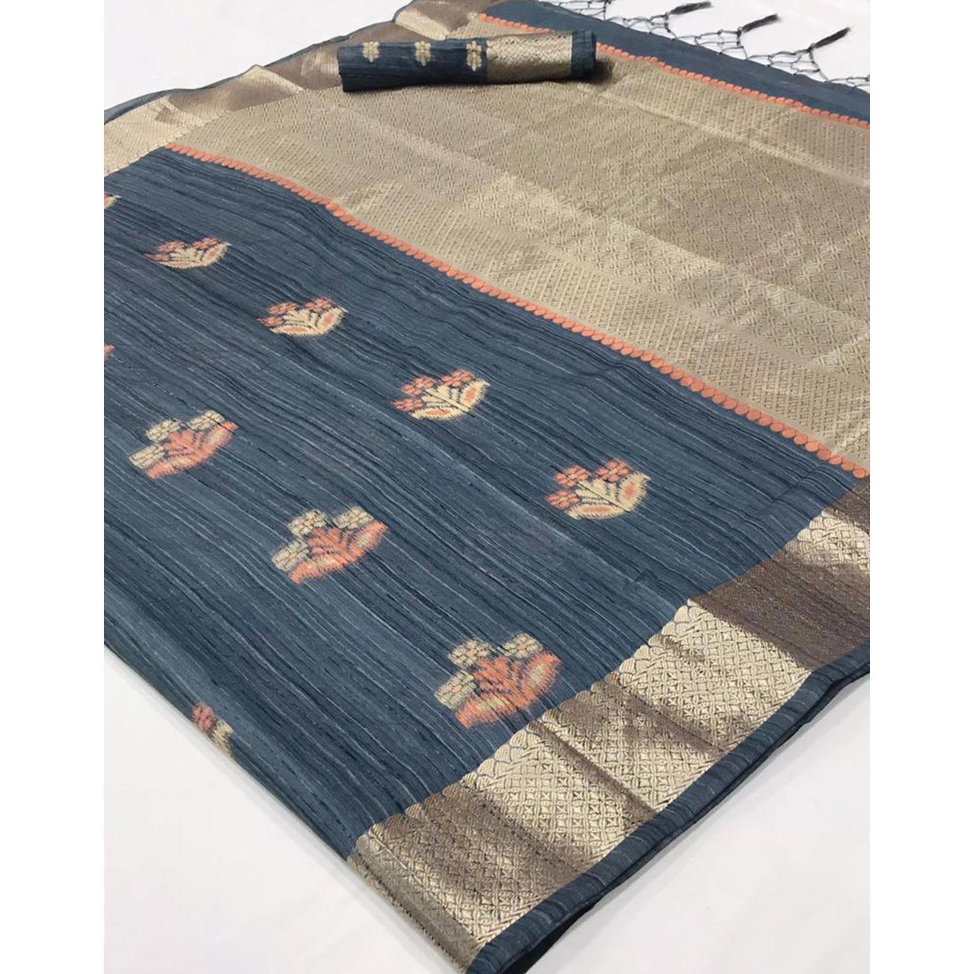 Grey Woven Pure Silk Saree With Tassels - Peachmode