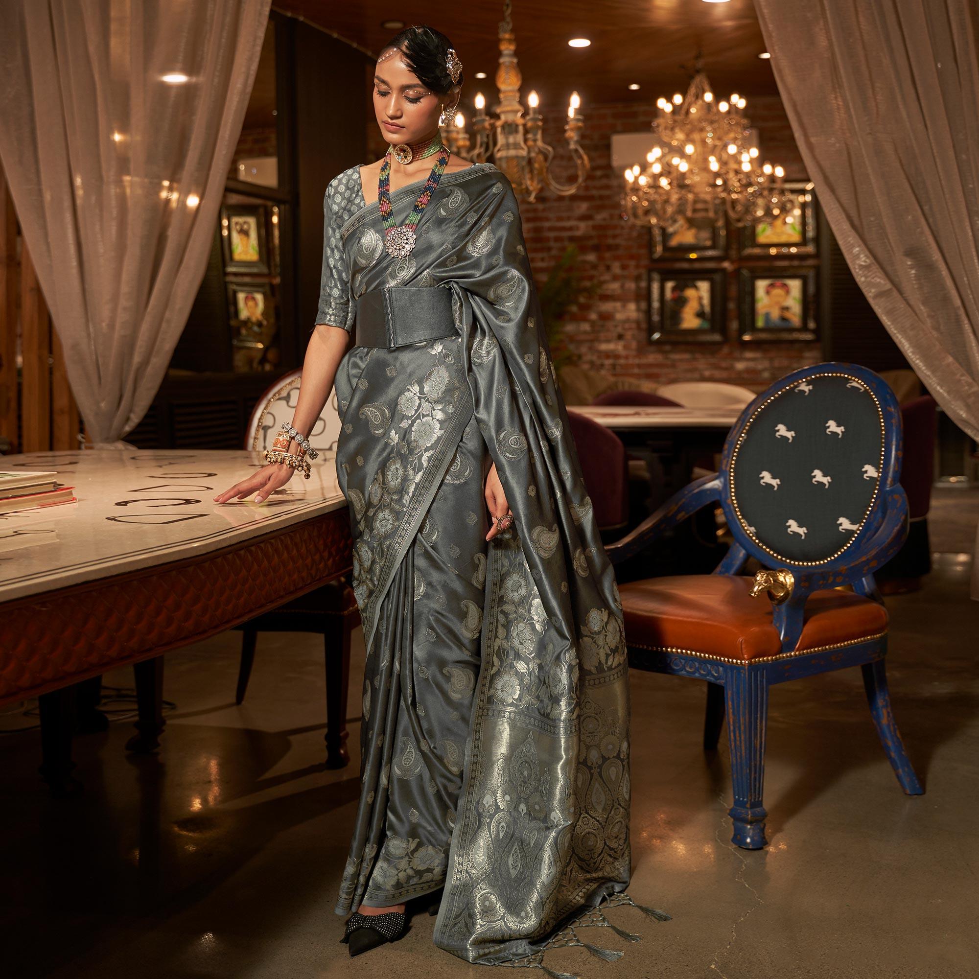 Grey Woven Satin Saree With Tassels - Peachmode