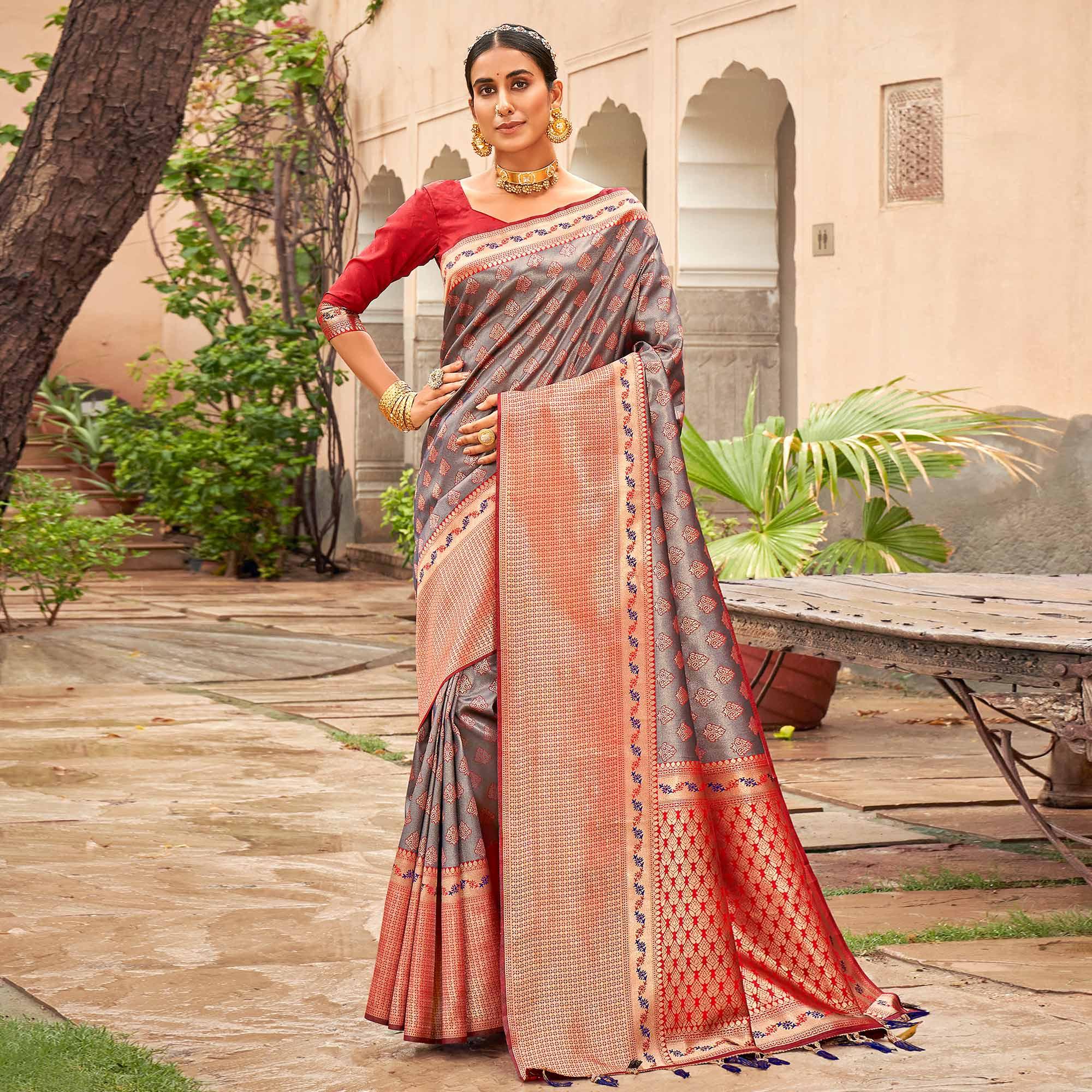 Grey Woven Silk Saree With Tassels - Peachmode