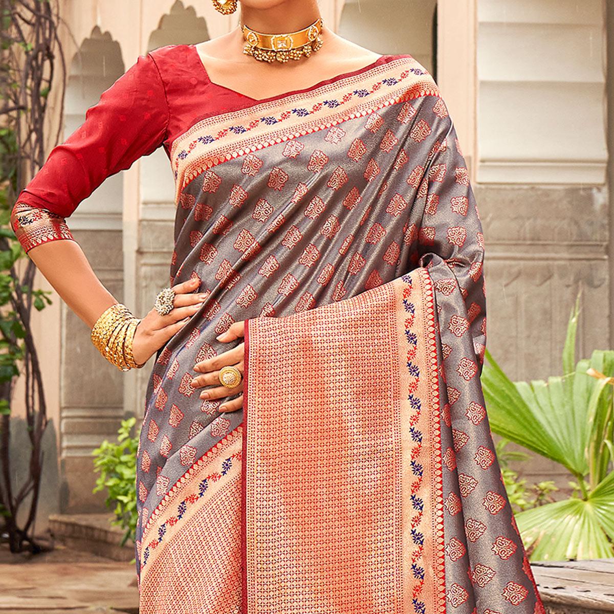 Grey Woven Silk Saree With Tassels - Peachmode