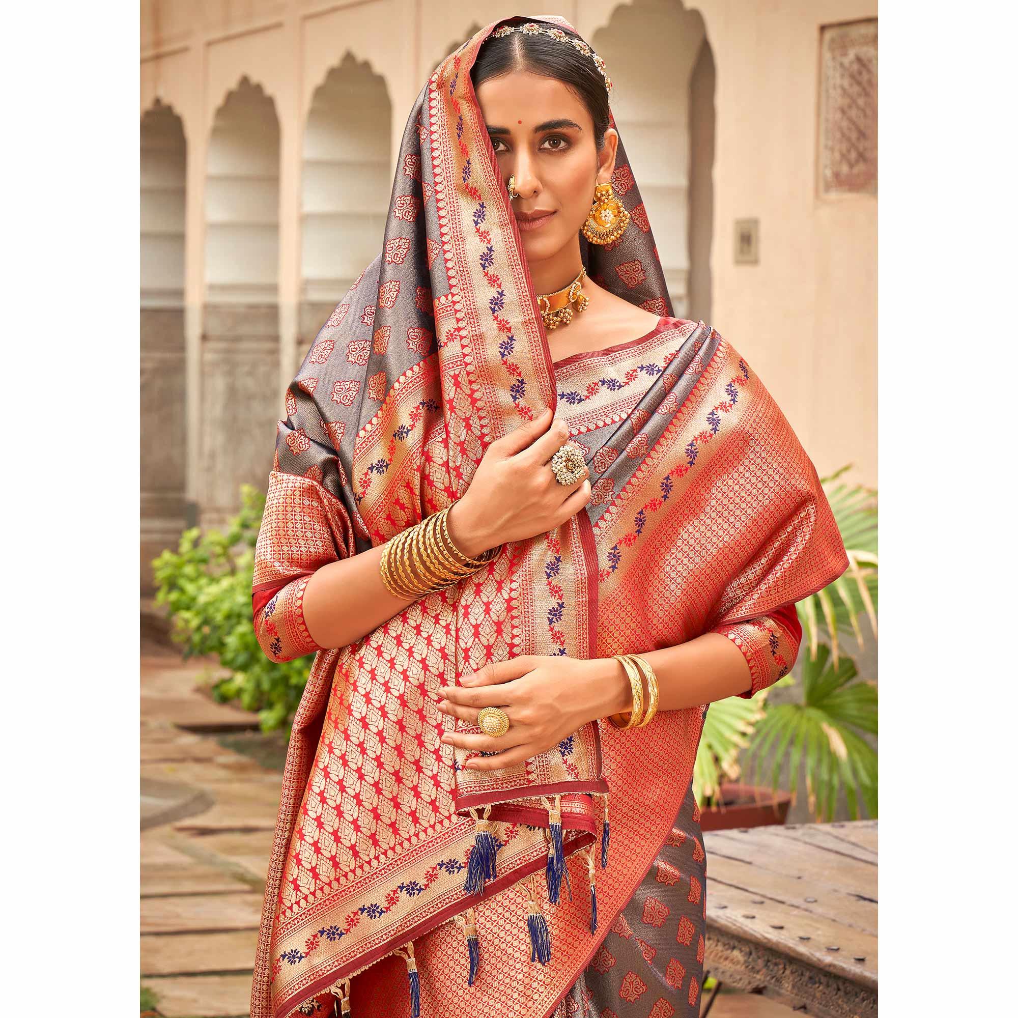 Grey Woven Silk Saree With Tassels - Peachmode