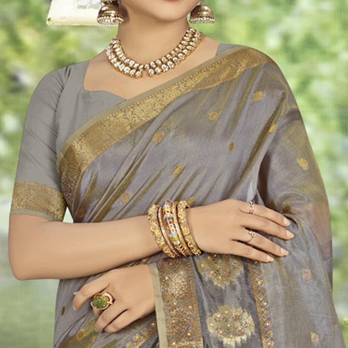 Grey Woven With Embellished Organza Saree With Tassels - Peachmode