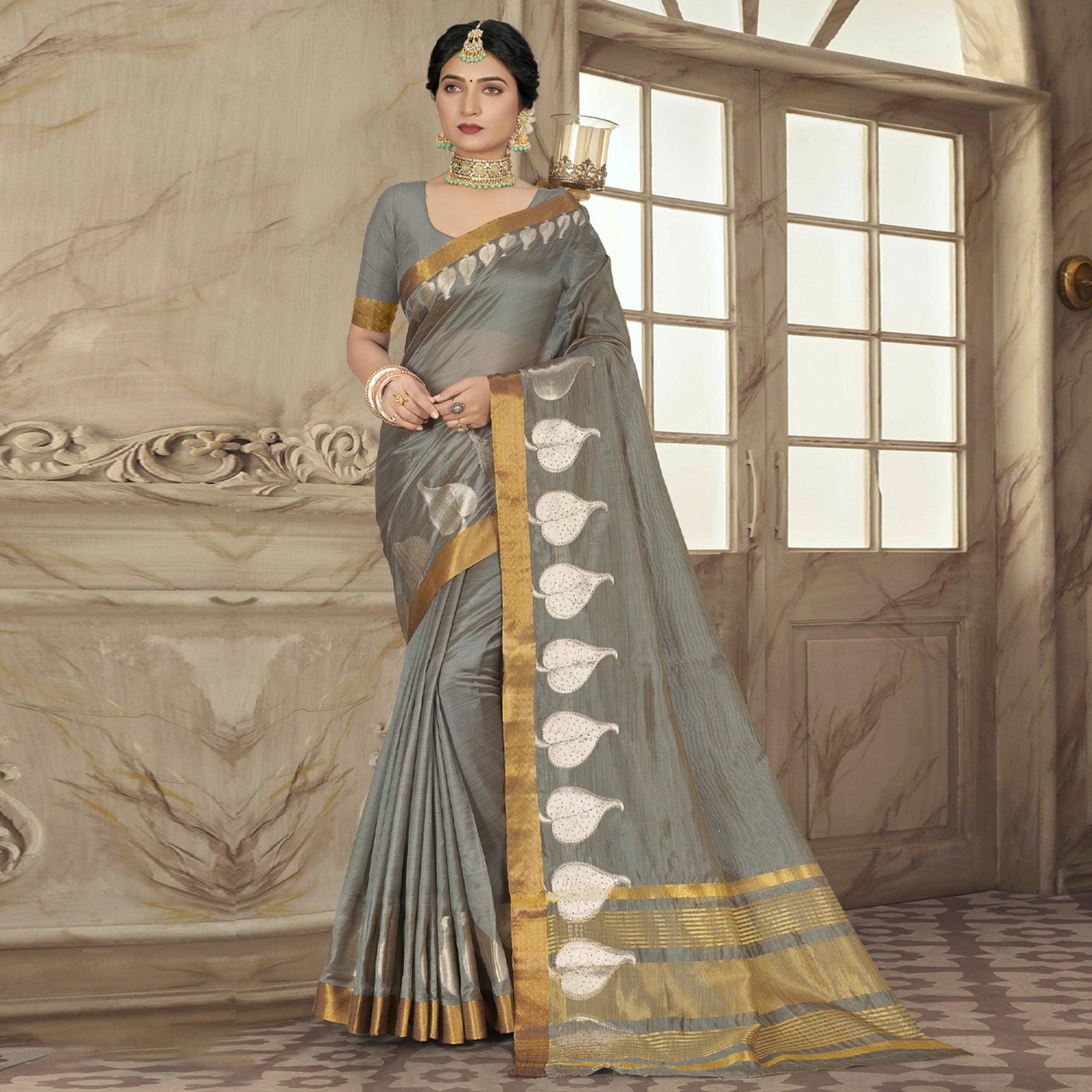 Grey Woven With Embellished Poly Cotton Saree - Peachmode