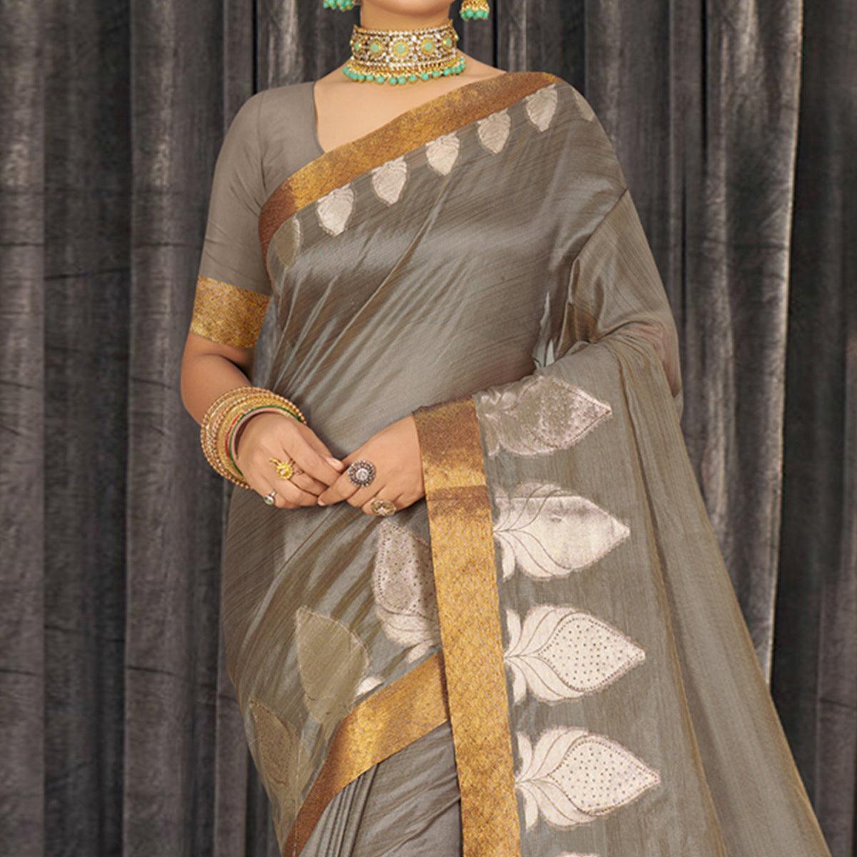 Grey Woven With Embellished Poly Cotton Saree - Peachmode