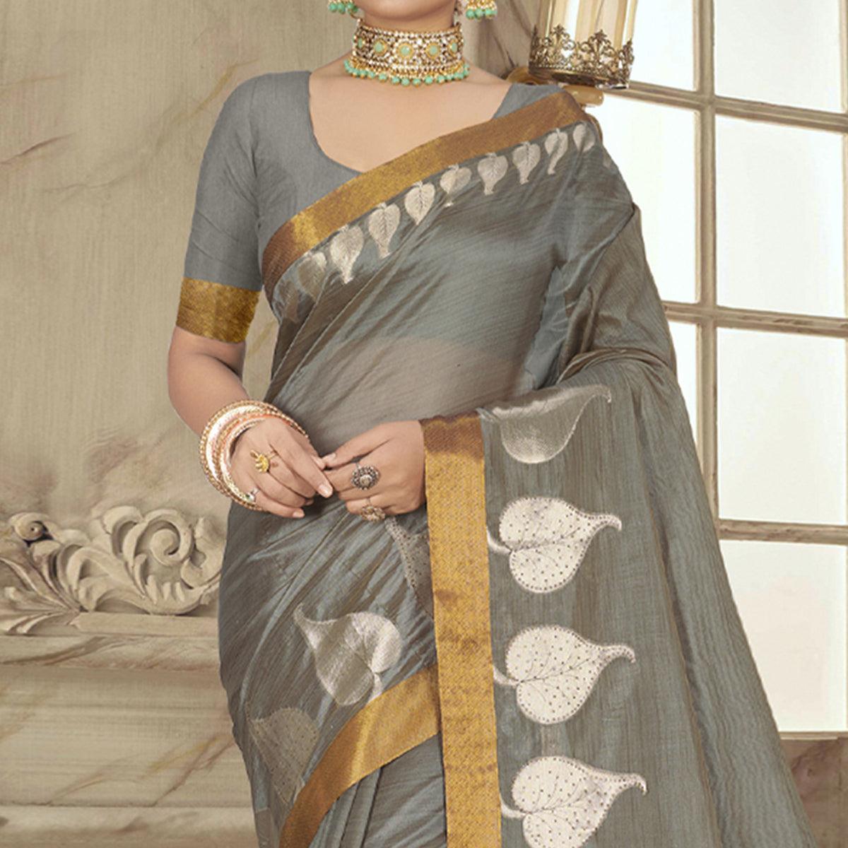 Grey Woven With Embellished Poly Cotton Saree - Peachmode