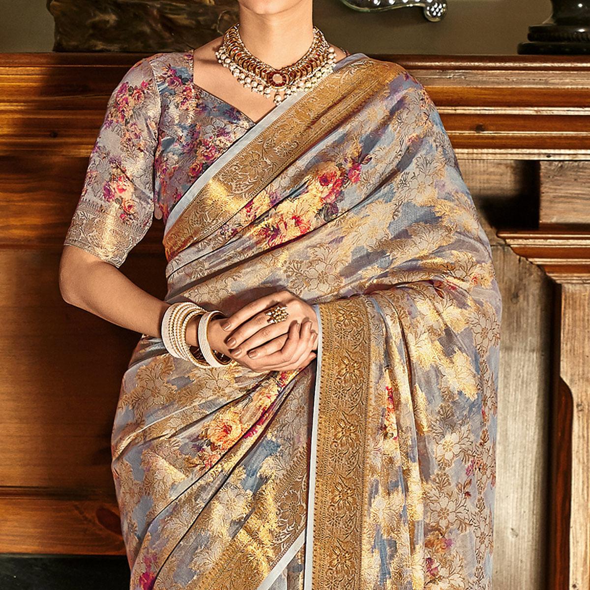 Grey Woven With Printed Cotton Silk Saree With Tassels - Peachmode