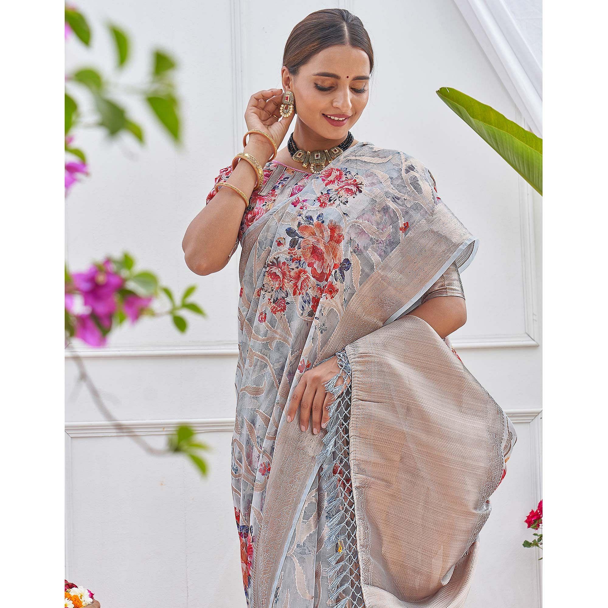 Grey Woven With Printed Organza Saree - Peachmode