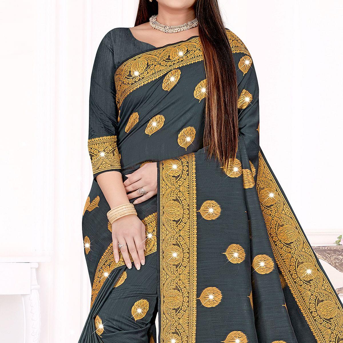 Grey Woven With Swarovski Cotton Silk Saree - Peachmode