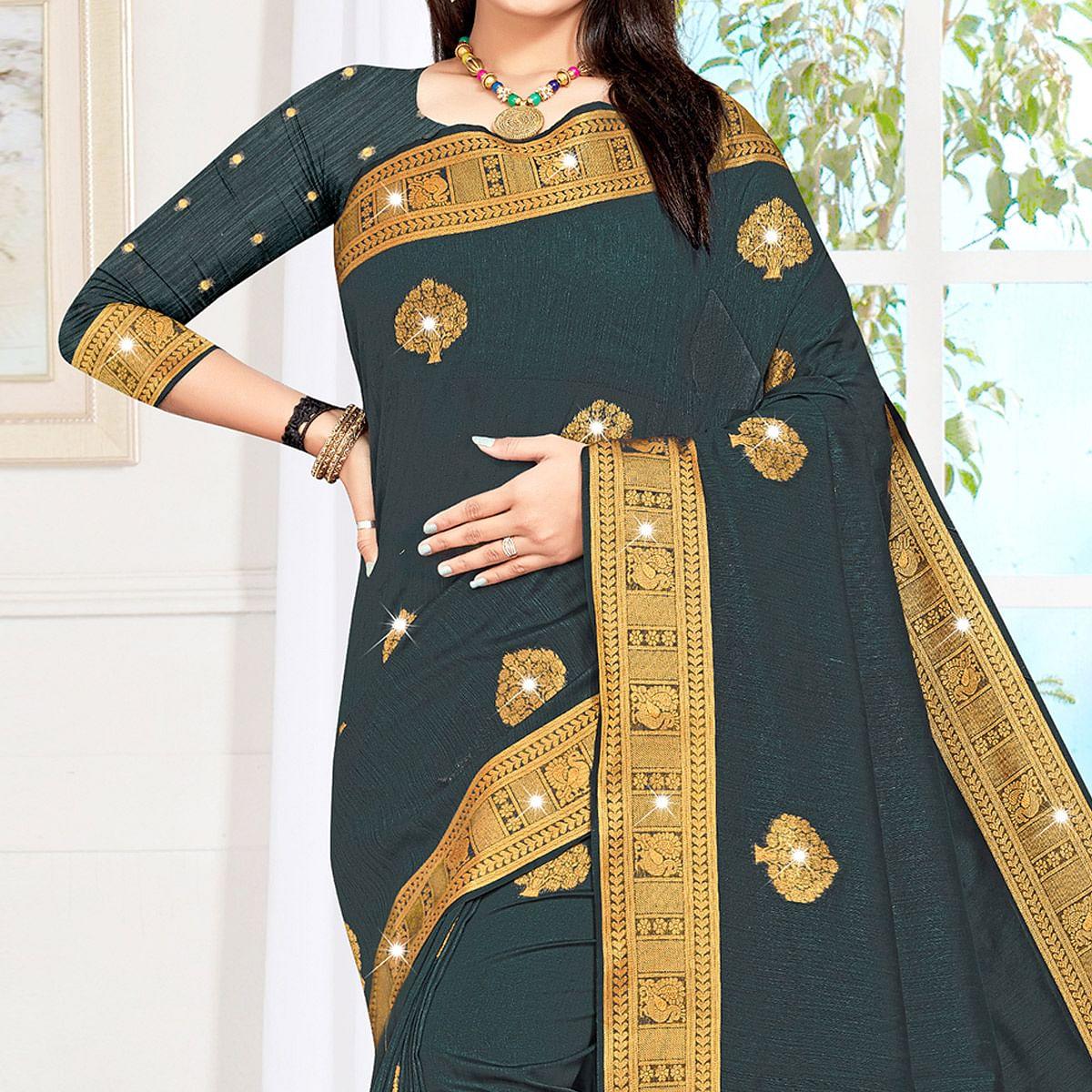 Grey Woven With Swarovski Cotton Silk Saree With Tassels - Peachmode