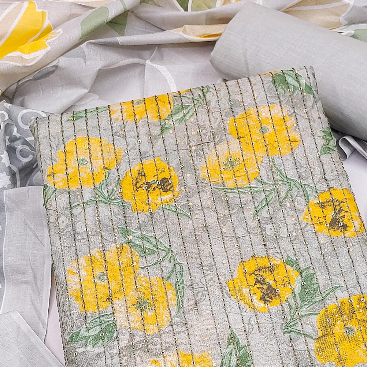 Grey-Yellow Printed With Embroidered Pure Cotton Dress Material - Peachmode
