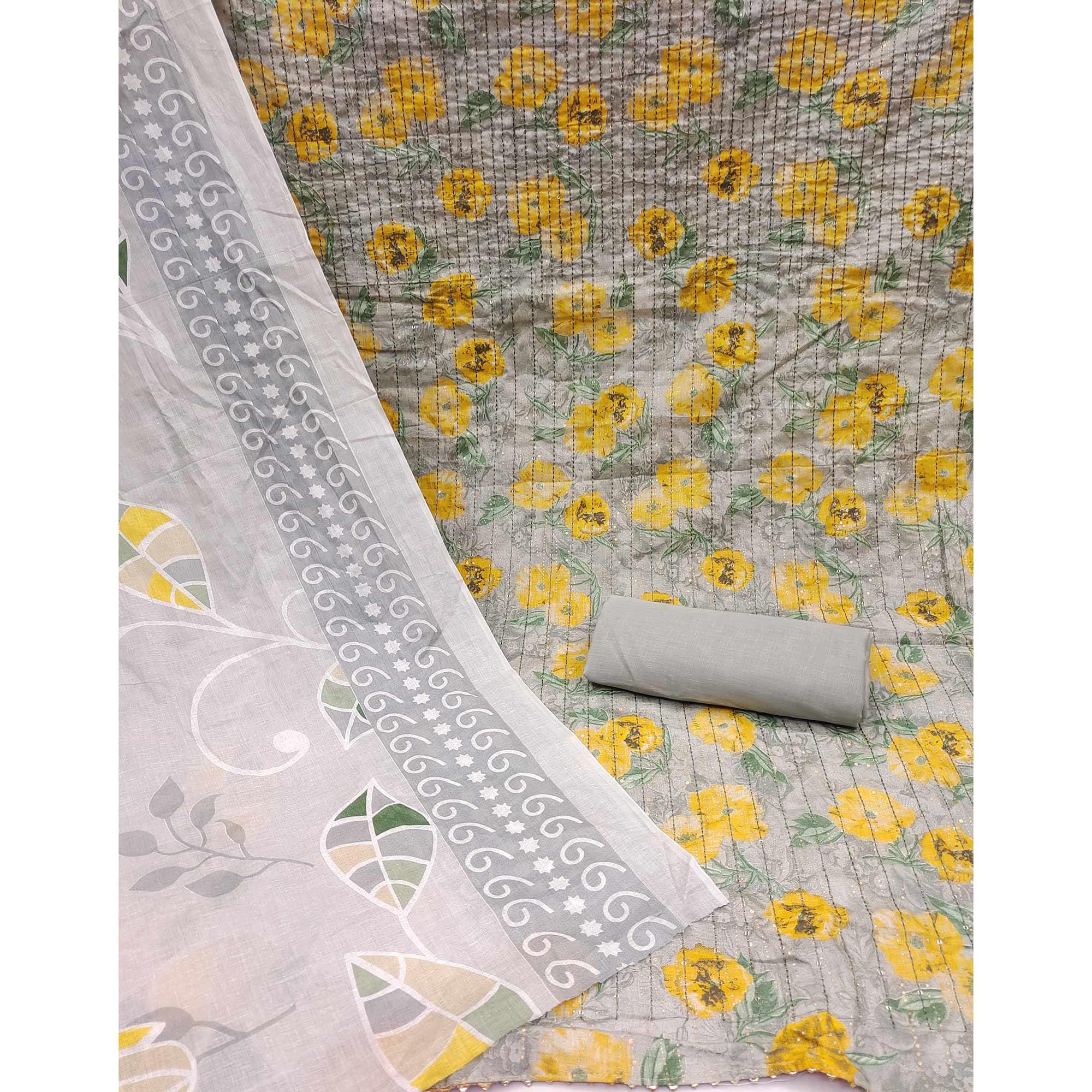 Grey-Yellow Printed With Embroidered Pure Cotton Dress Material - Peachmode