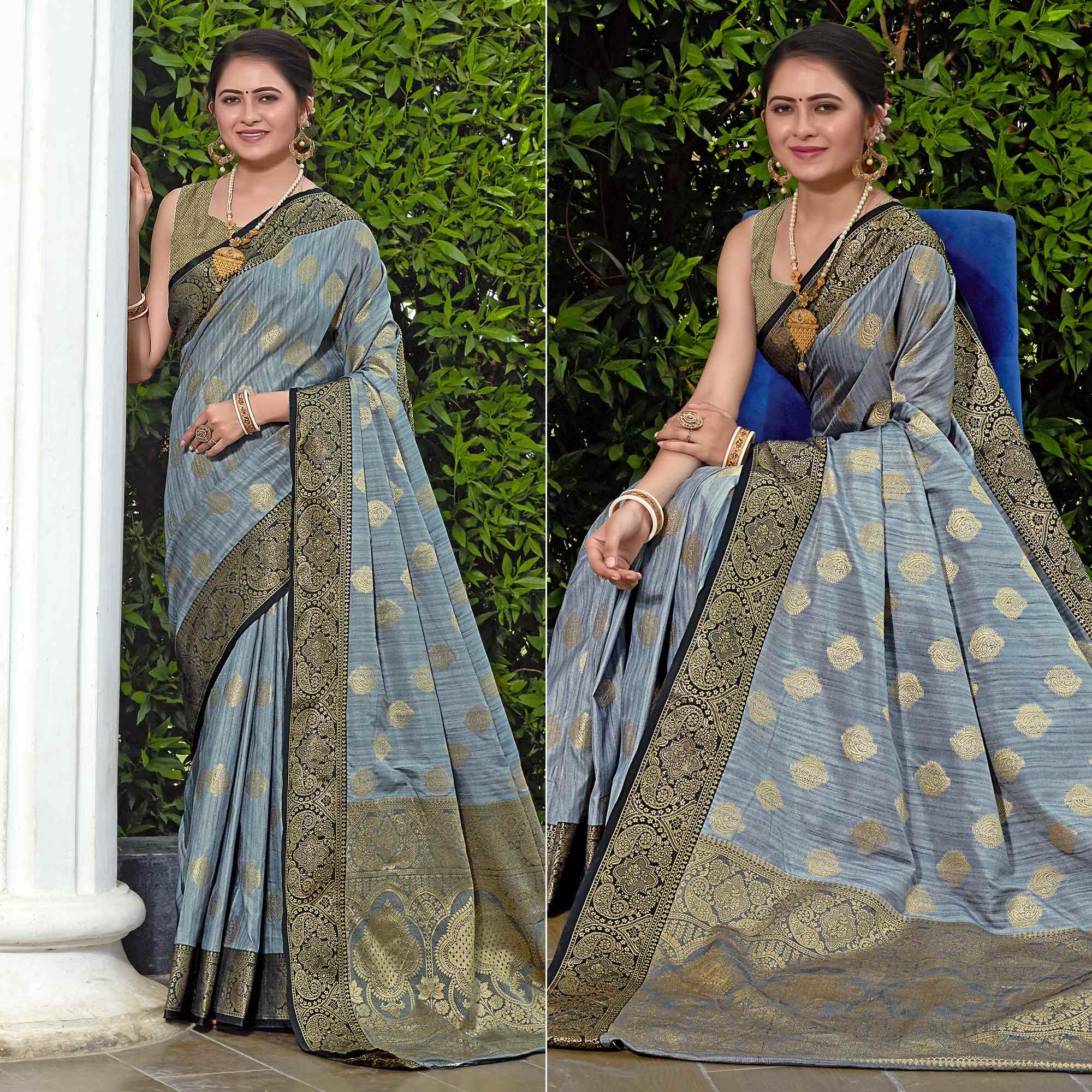 Grey Zari Woven Art Silk Saree - Peachmode