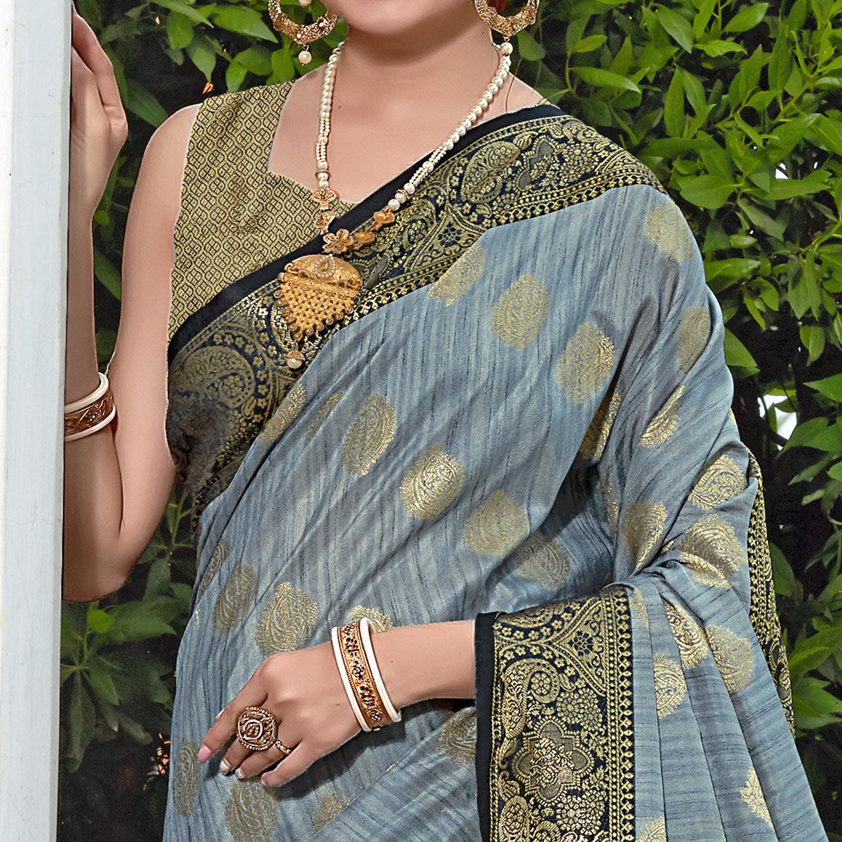 Grey Zari Woven Art Silk Saree - Peachmode