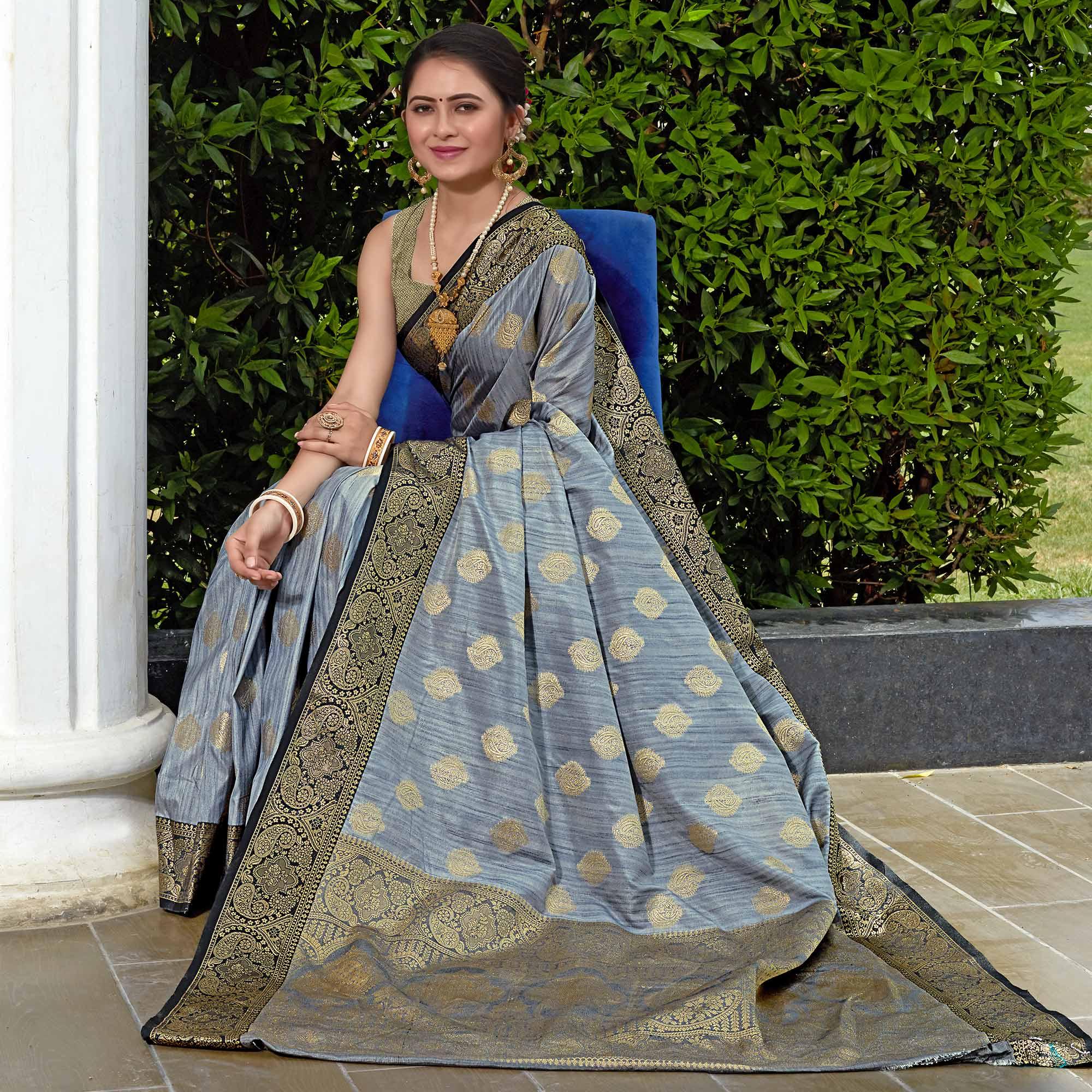 Grey Zari Woven Art Silk Saree - Peachmode