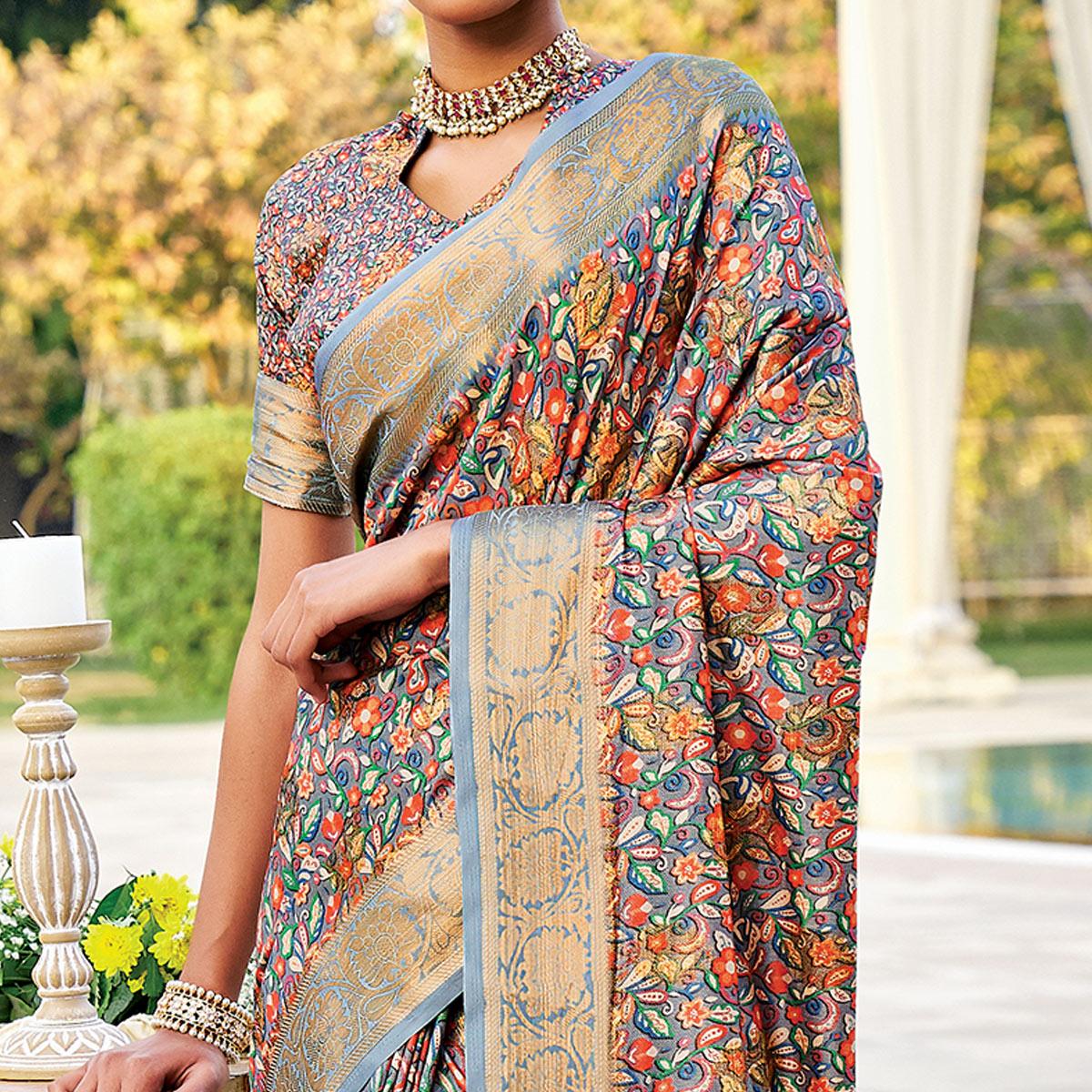 Greyish Multi Festive Wear Digital Printed Woven Silk Saree - Peachmode