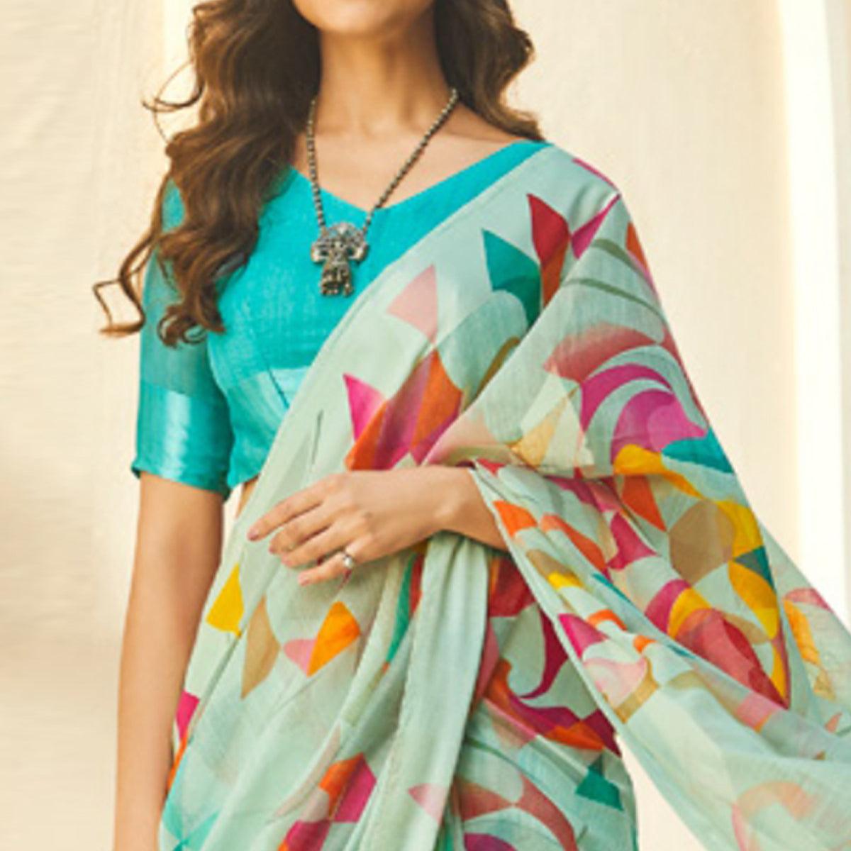 Groovy Aqua Blue Colored Casual Wear Printed Linen - Cotton Saree - Peachmode