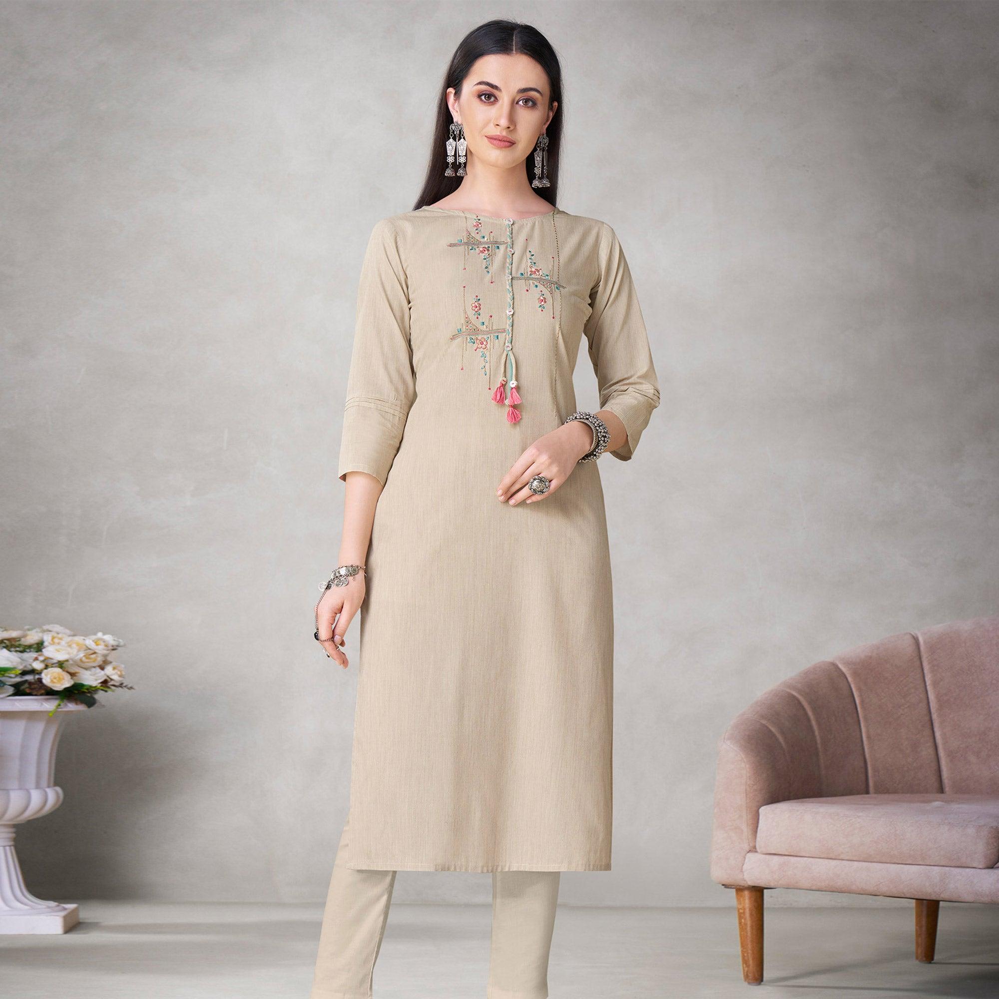 Groovy Beige Colored Partywear Embroidered Viscose Kurti - Peachmode
