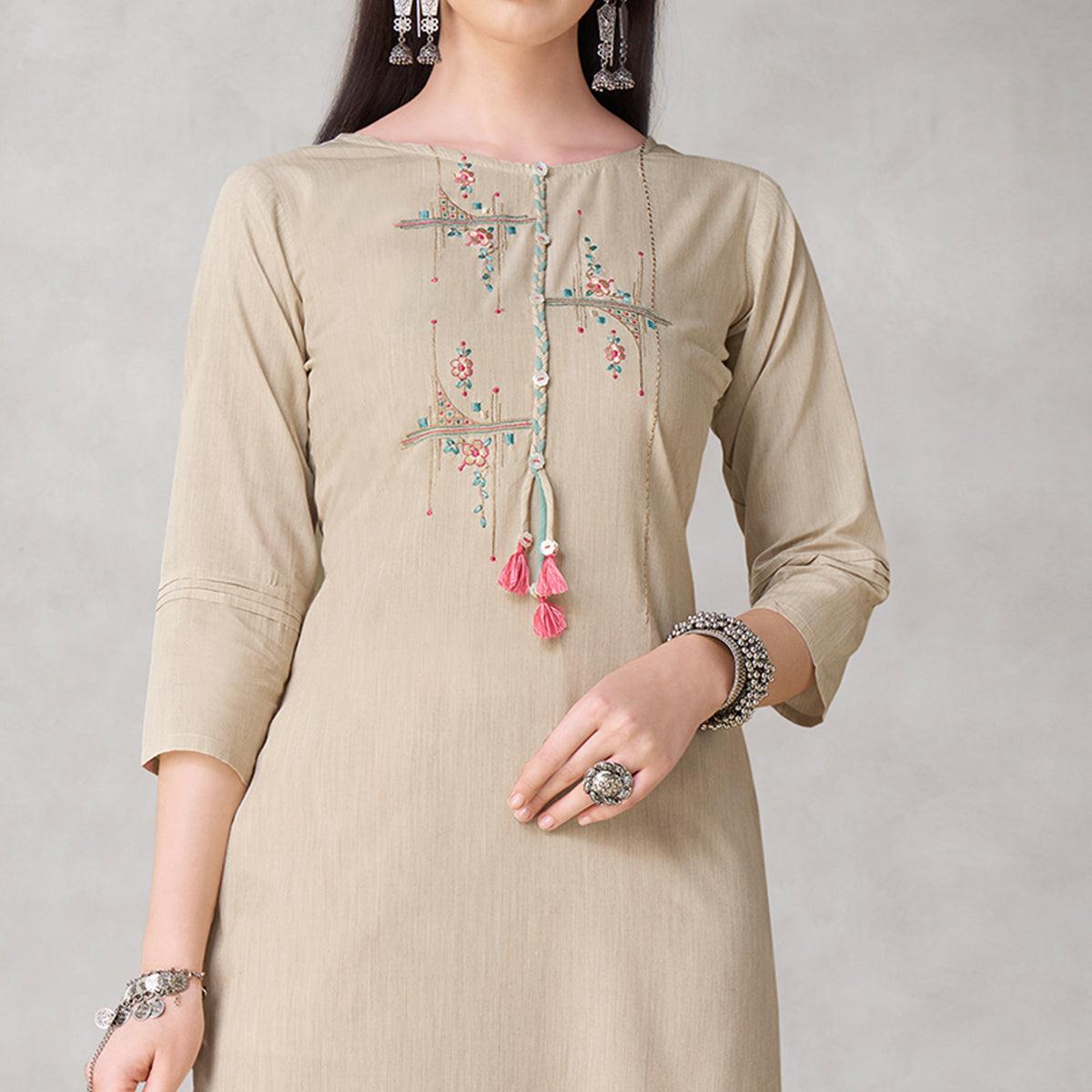 Groovy Beige Colored Partywear Embroidered Viscose Kurti - Peachmode
