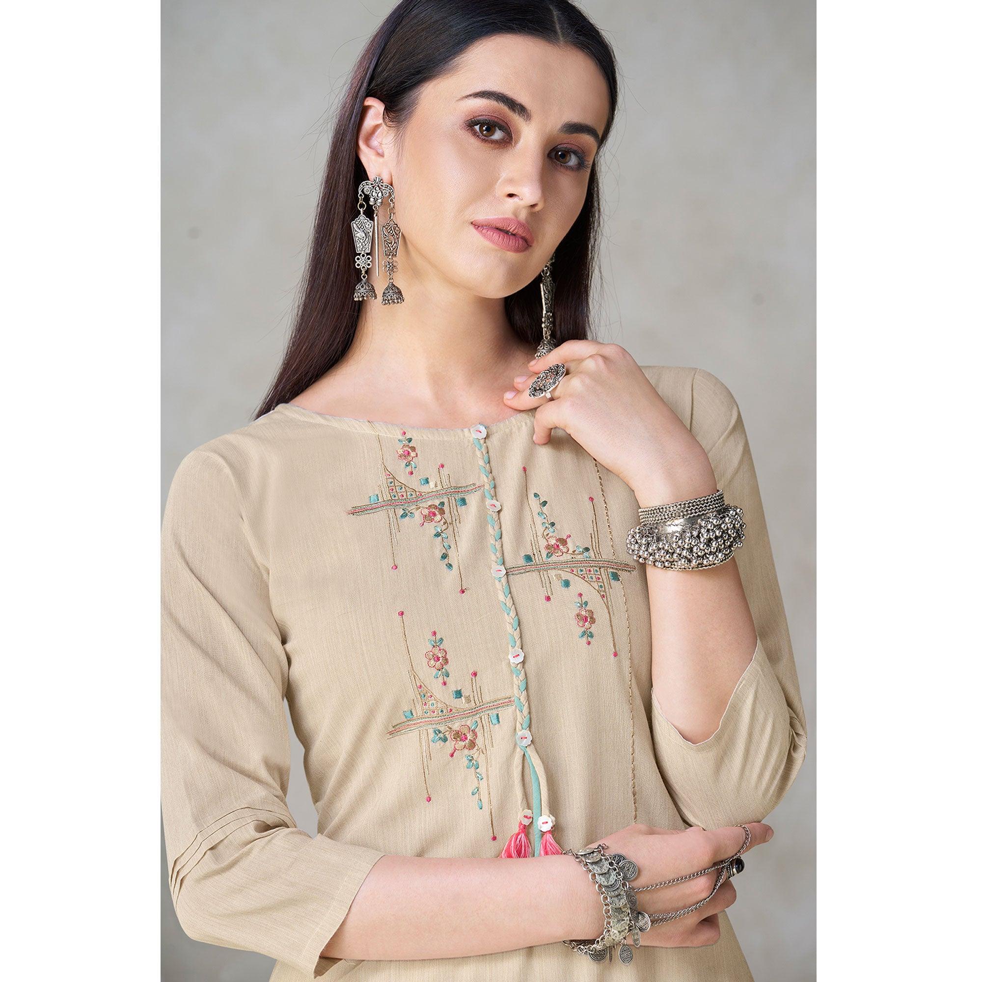 Groovy Beige Colored Partywear Embroidered Viscose Kurti - Peachmode