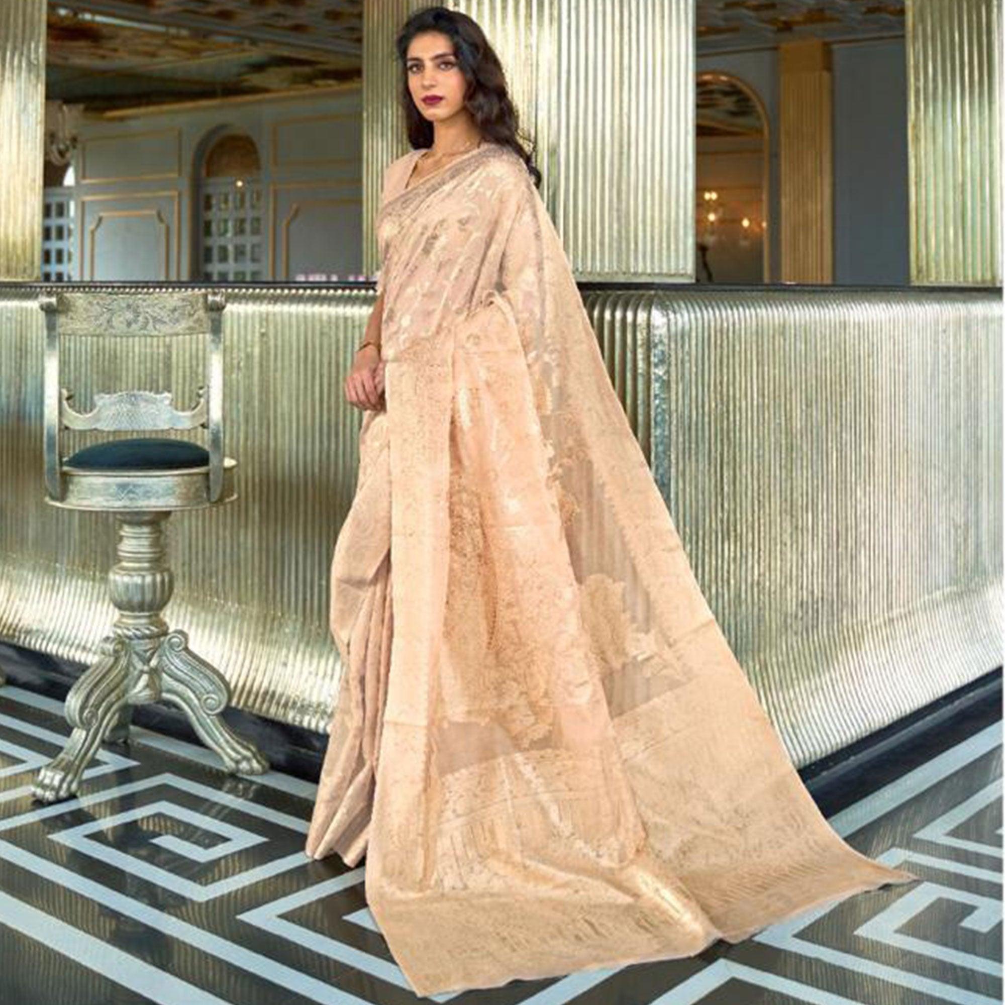Groovy Beige Coloured Partywear Pure Modal Woven Silk Saree - Peachmode