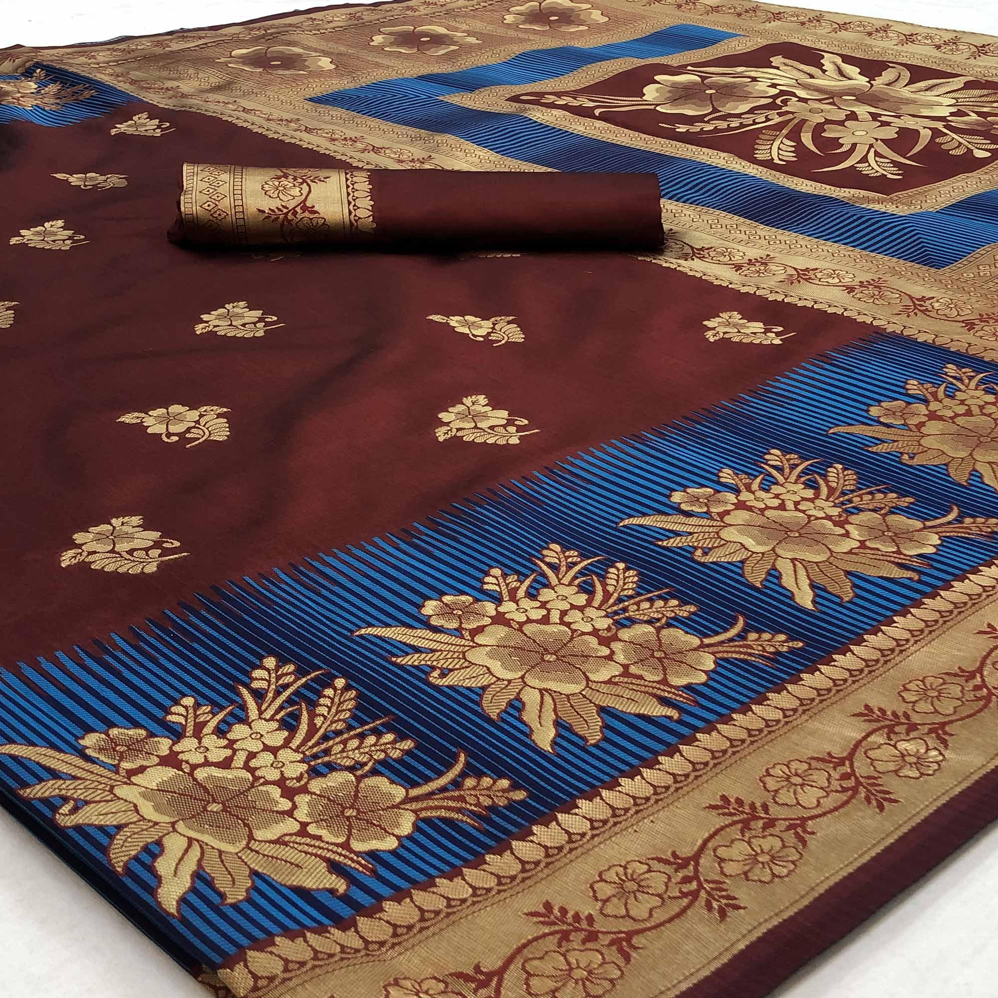 Groovy Brown Colored Festive Wear Woven Banarasi Silk Saree - Peachmode