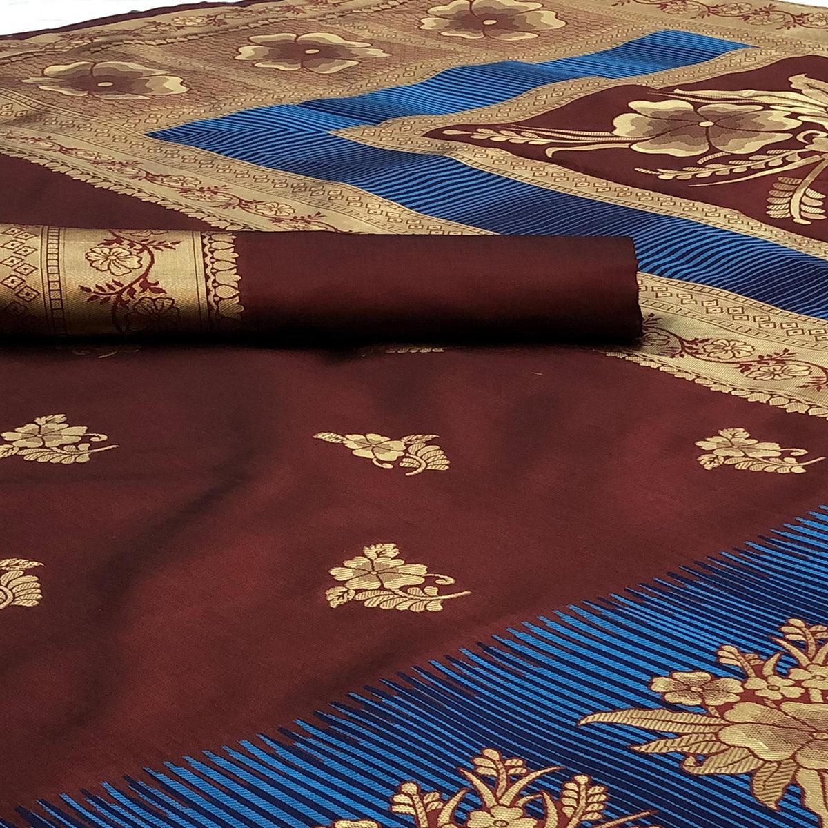 Groovy Brown Colored Festive Wear Woven Banarasi Silk Saree - Peachmode