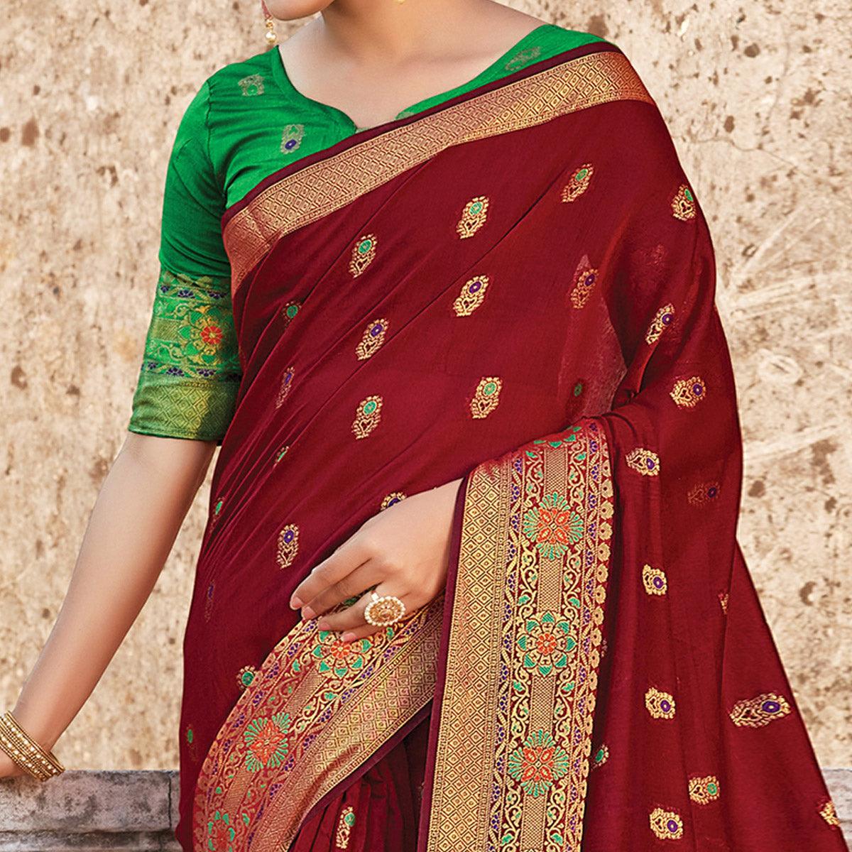 Groovy Brown Colored Festive Wear Woven Cotton Handloom Saree - Peachmode