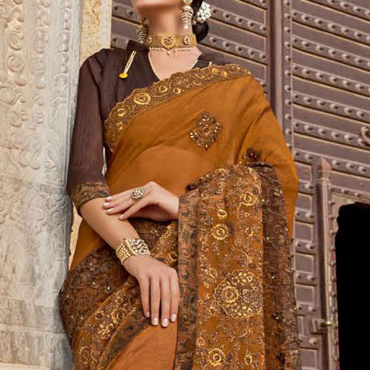 Groovy Brown Colored Party Wear Embroidered Vichitra Art Silk Saree - Peachmode