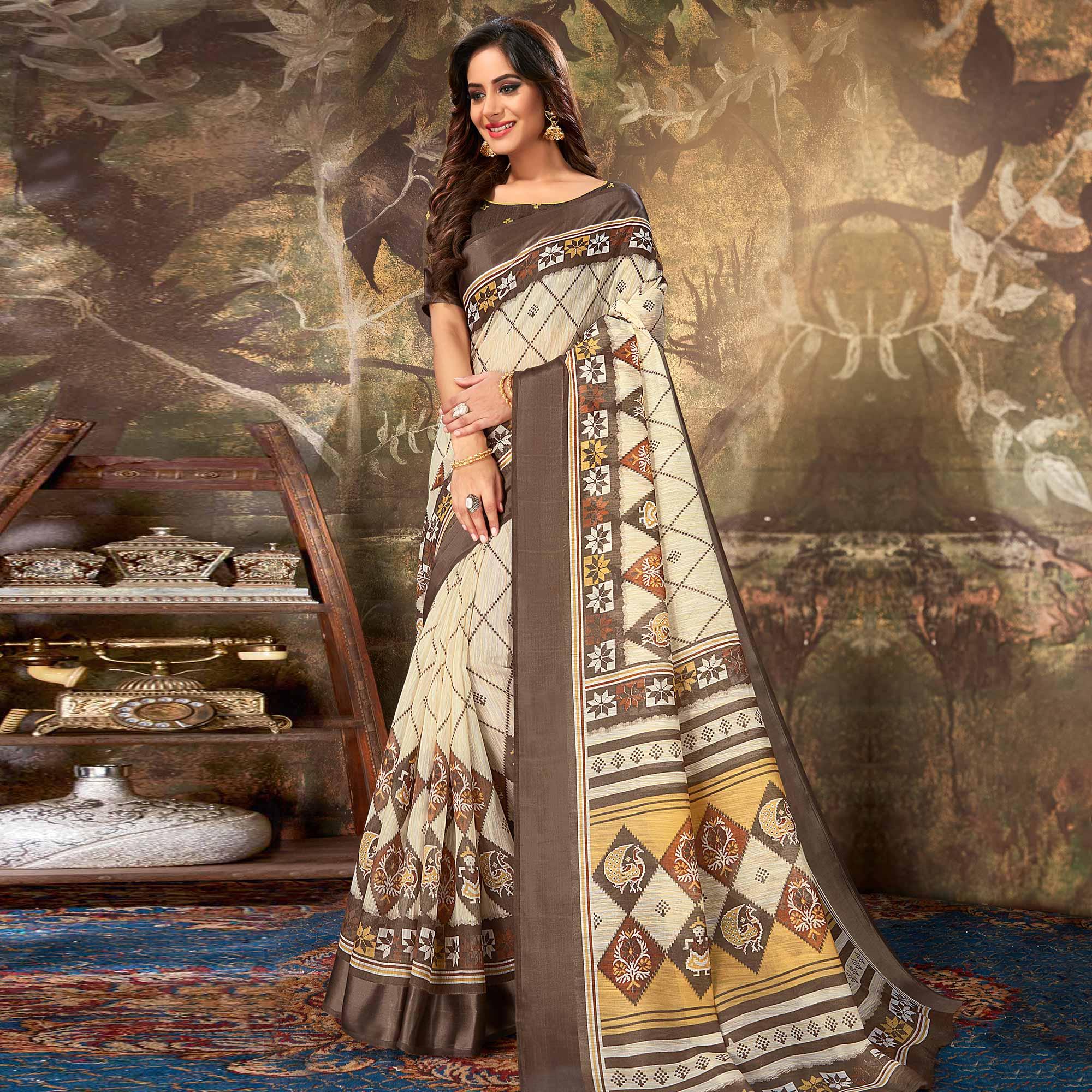 Groovy Cream Colored Casual Wear Geometric Printed Cotton Saree - Peachmode
