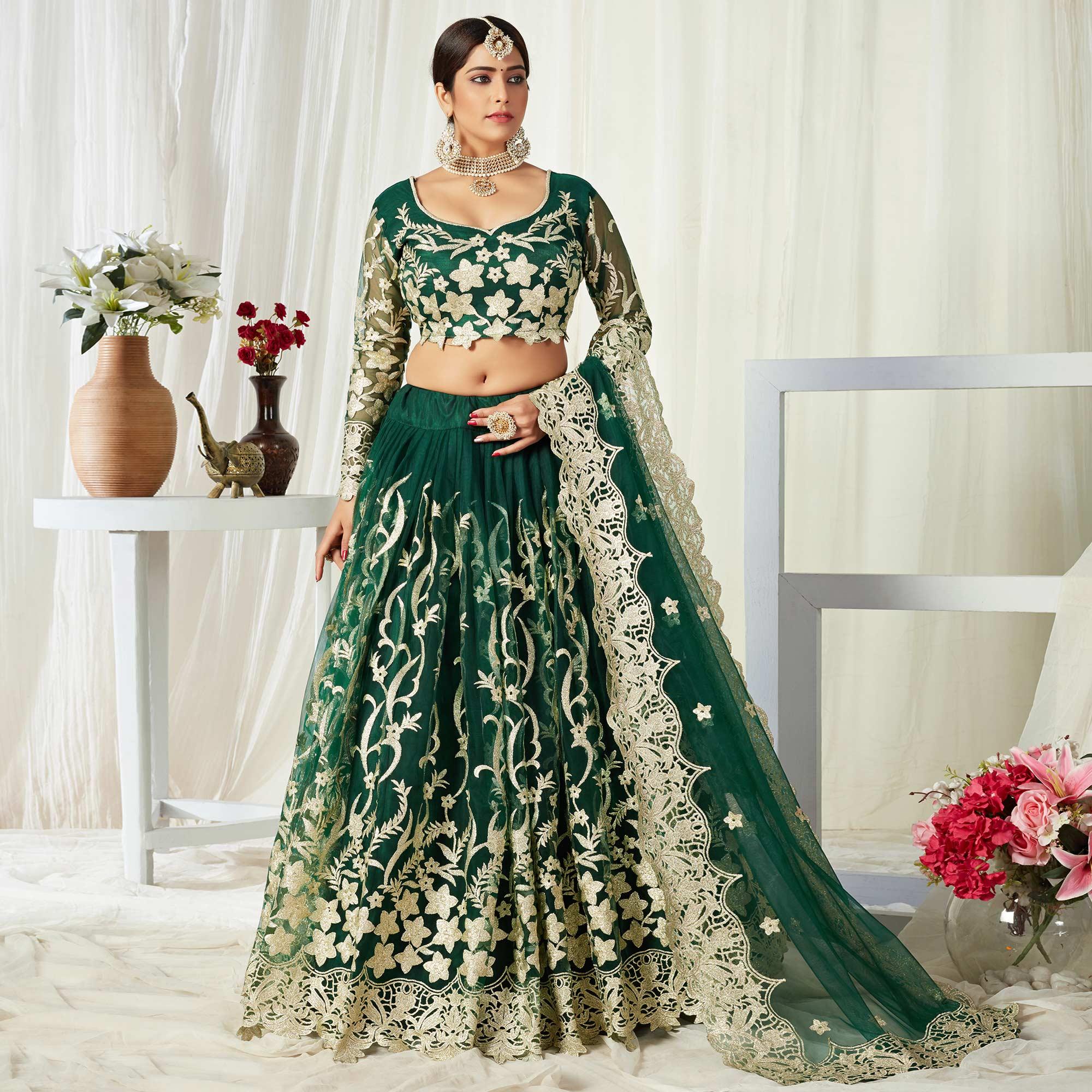 Groovy Dark Green Colored Wedding Wear Butterfly Net With Embroidered Lehenga Choli - Peachmode