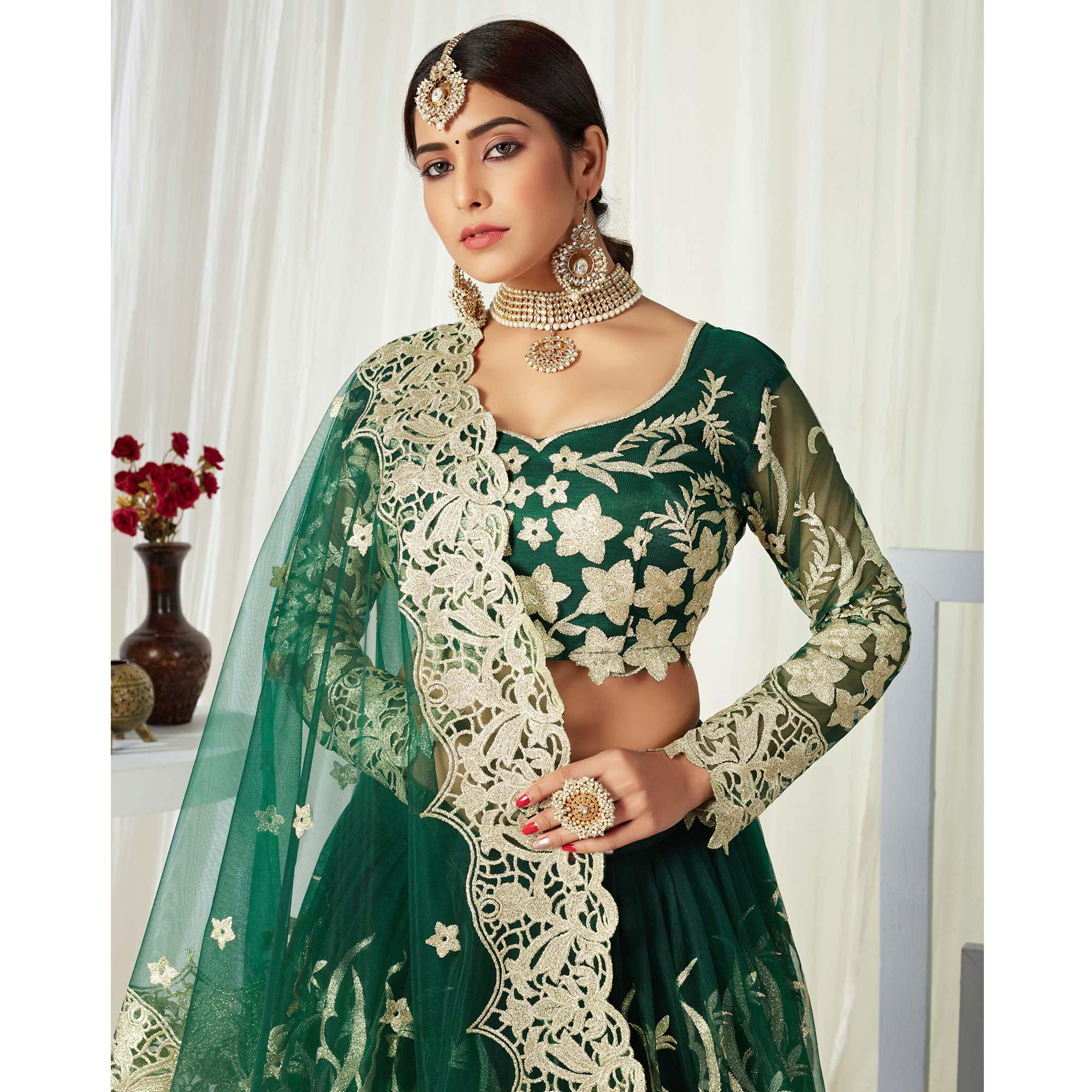 Groovy Dark Green Colored Wedding Wear Butterfly Net With Embroidered Lehenga Choli - Peachmode