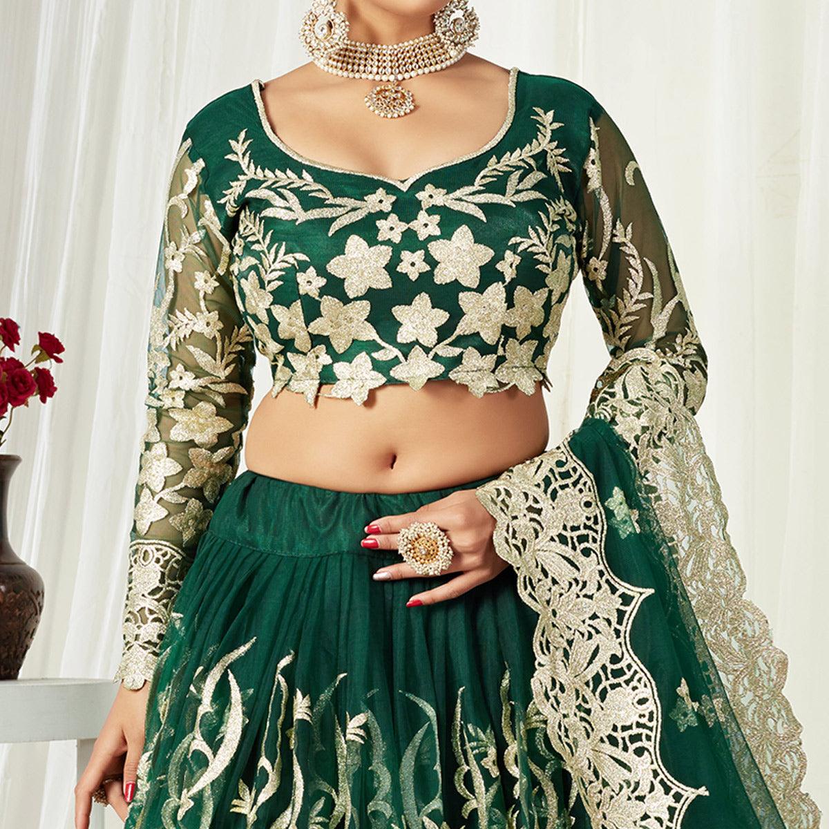 Groovy Dark Green Colored Wedding Wear Butterfly Net With Embroidered Lehenga Choli - Peachmode