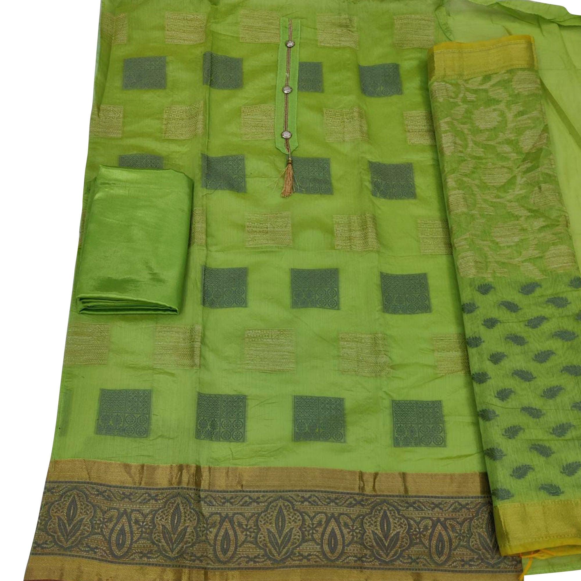 Groovy Green Colored Casual Wear Woven Banarasi Jacquard Dress Material - Peachmode