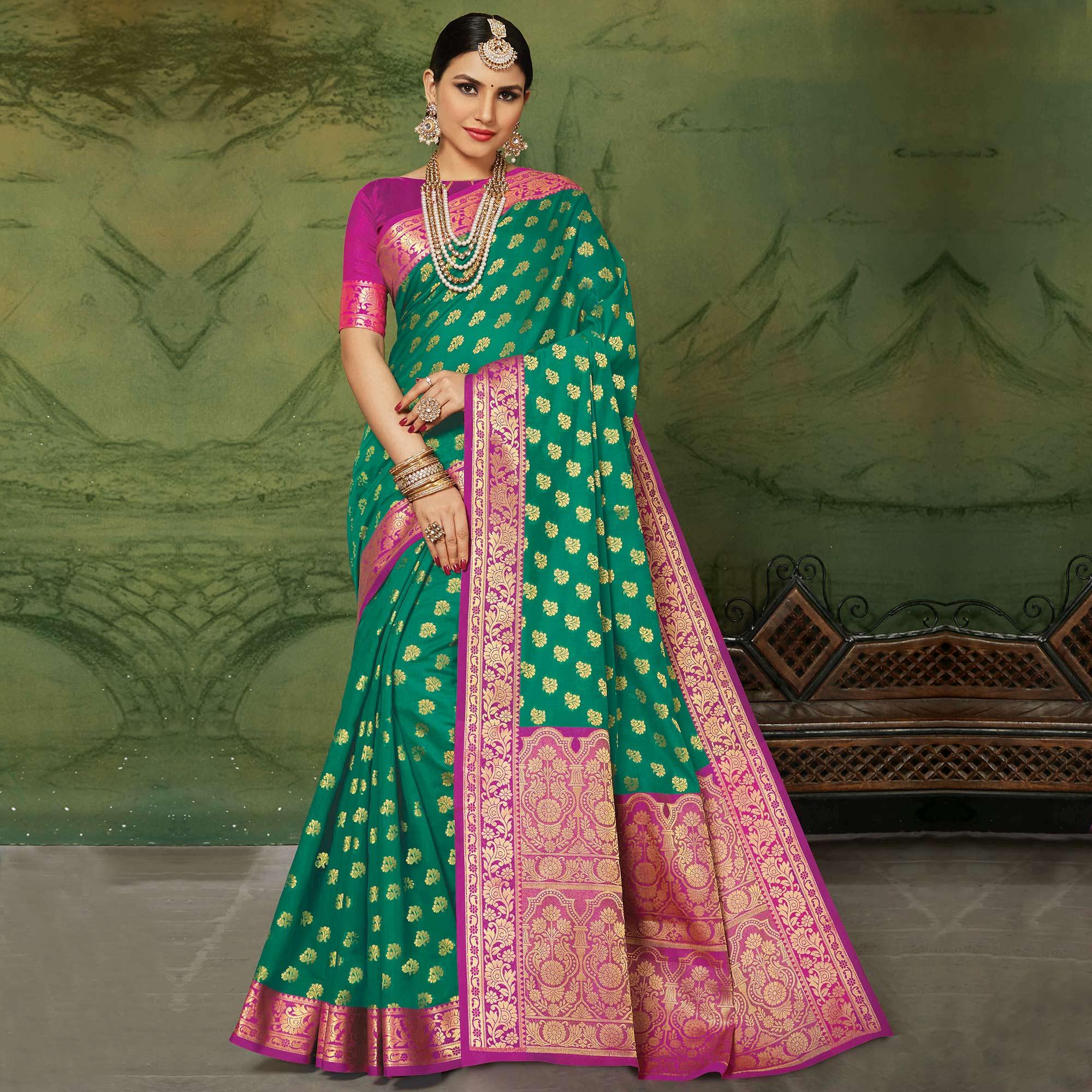 Groovy Green Colored Festive Wear Woven Handloom Silk Saree - Peachmode