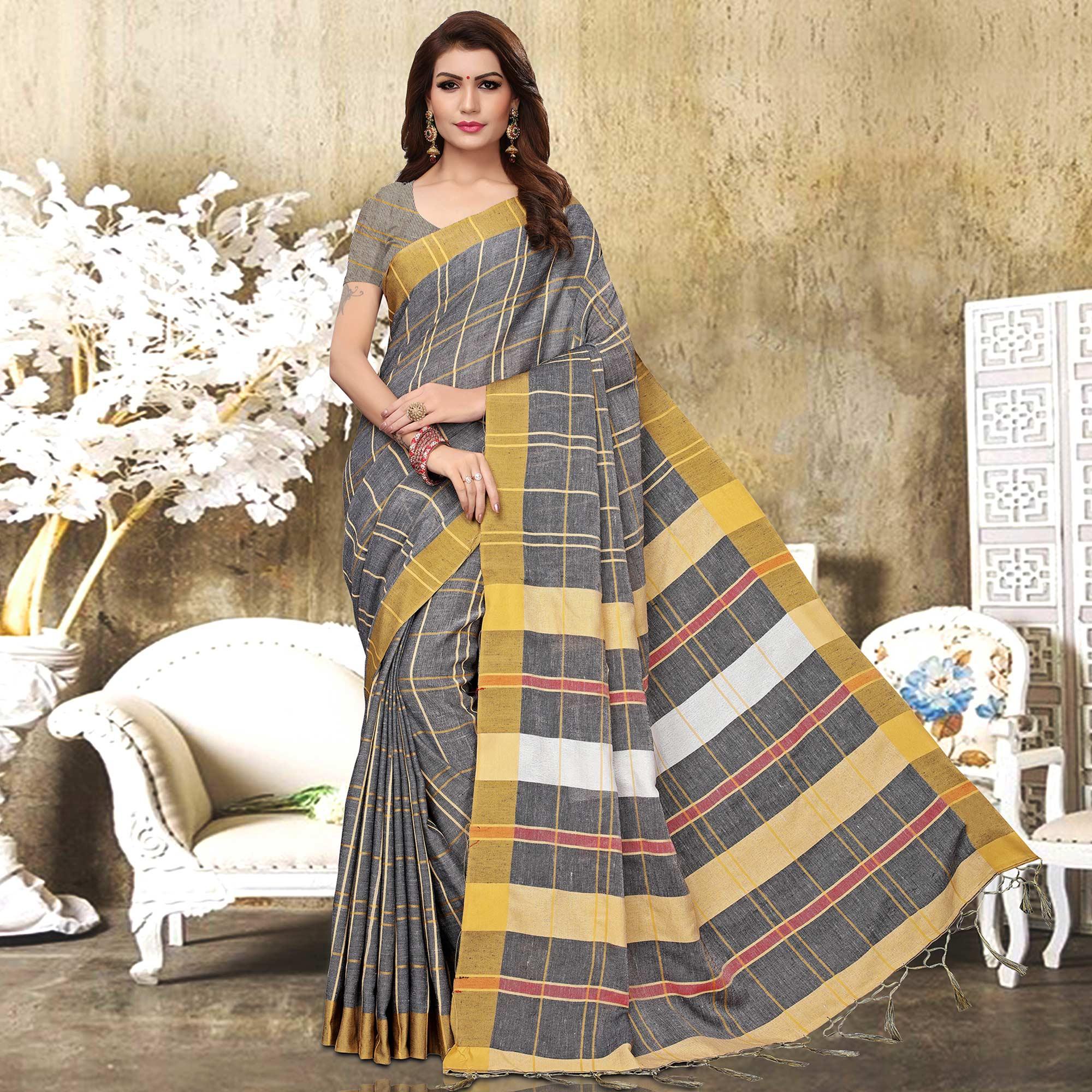 Groovy Grey Colored Festive Wear Checks Print Pure Linen Saree - Peachmode