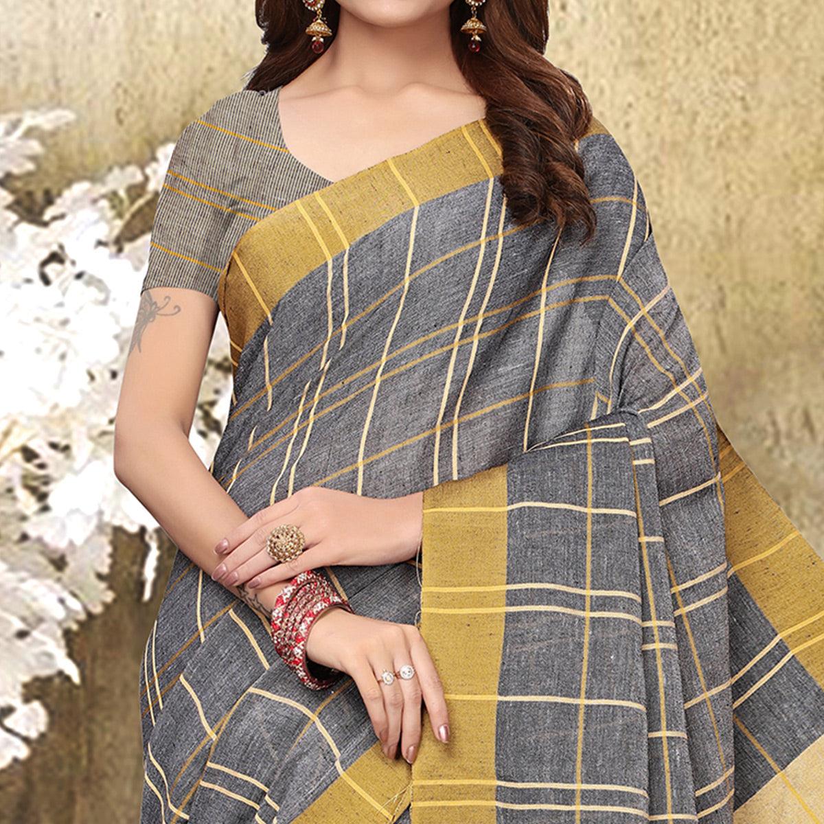 Groovy Grey Colored Festive Wear Checks Print Pure Linen Saree - Peachmode