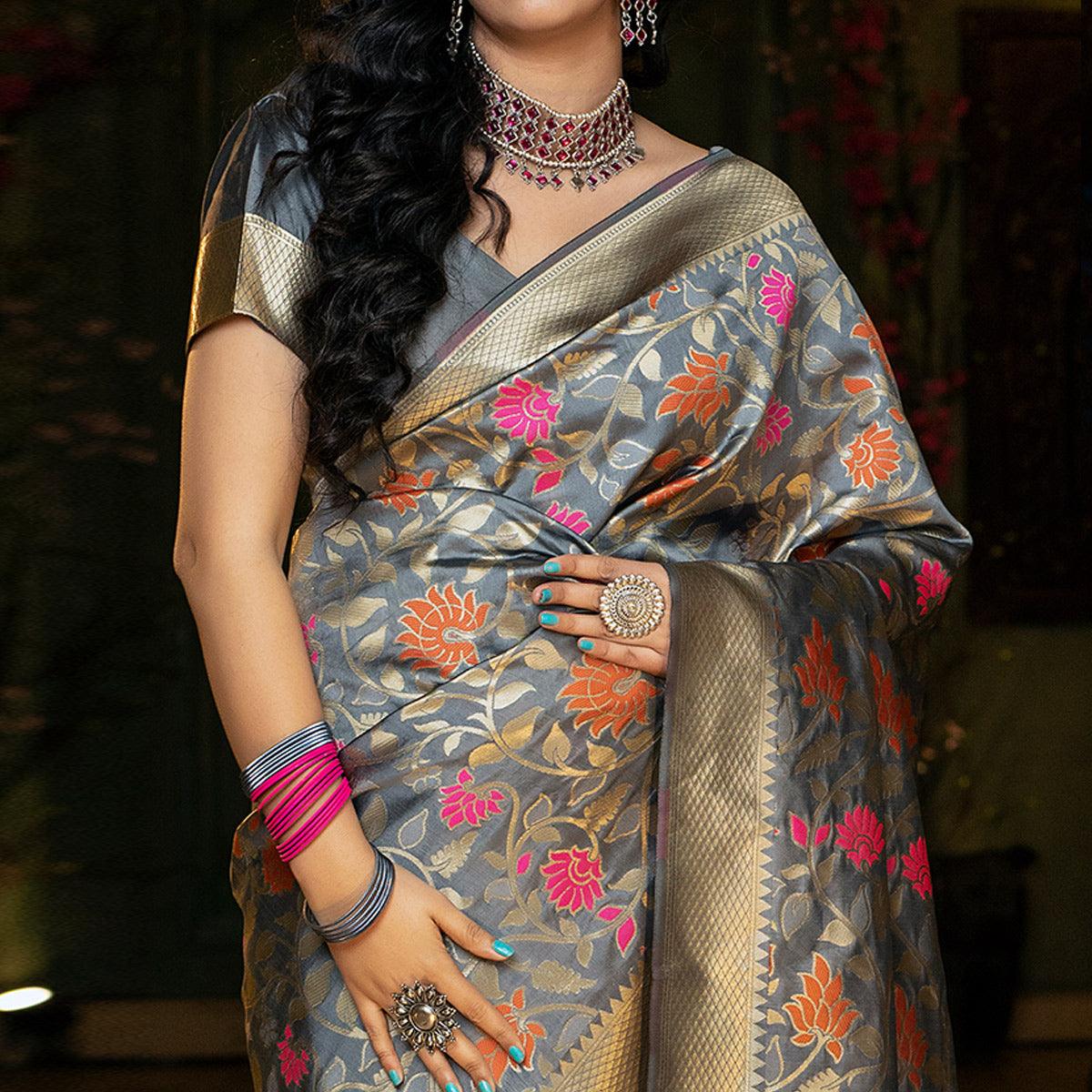 Groovy Grey Coloured Embroidered Partywear Banarasi Silk Saree - Peachmode