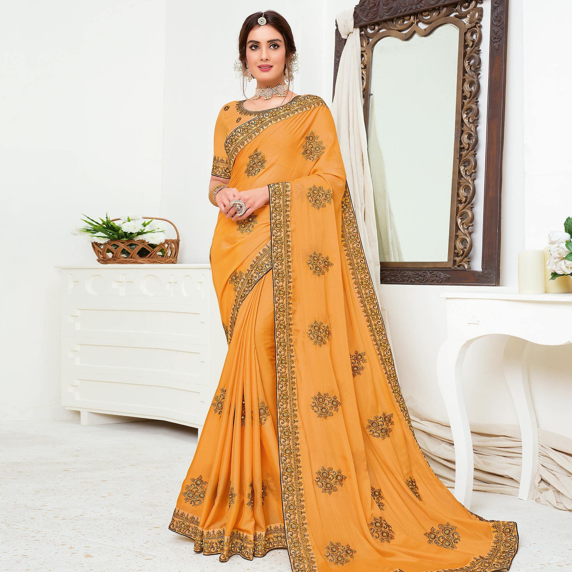 Groovy Mustard Yellow Colored Partywear Embroidered Crepe Georgette Saree - Peachmode