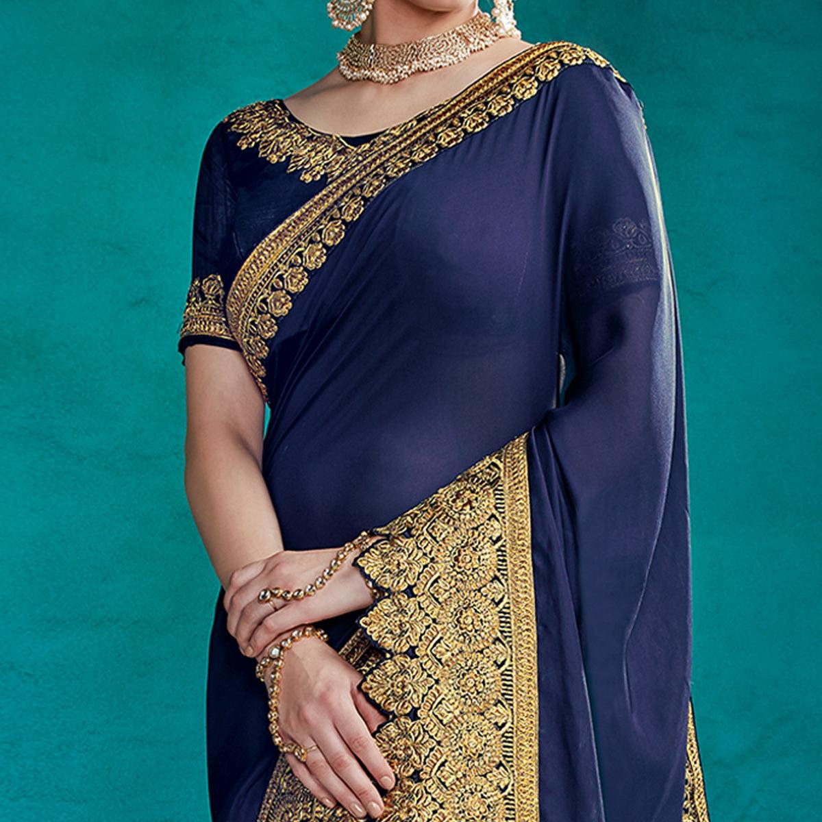 Groovy Navy Blue Colored Partywear Embroidered Rangoli Silk Saree - Peachmode