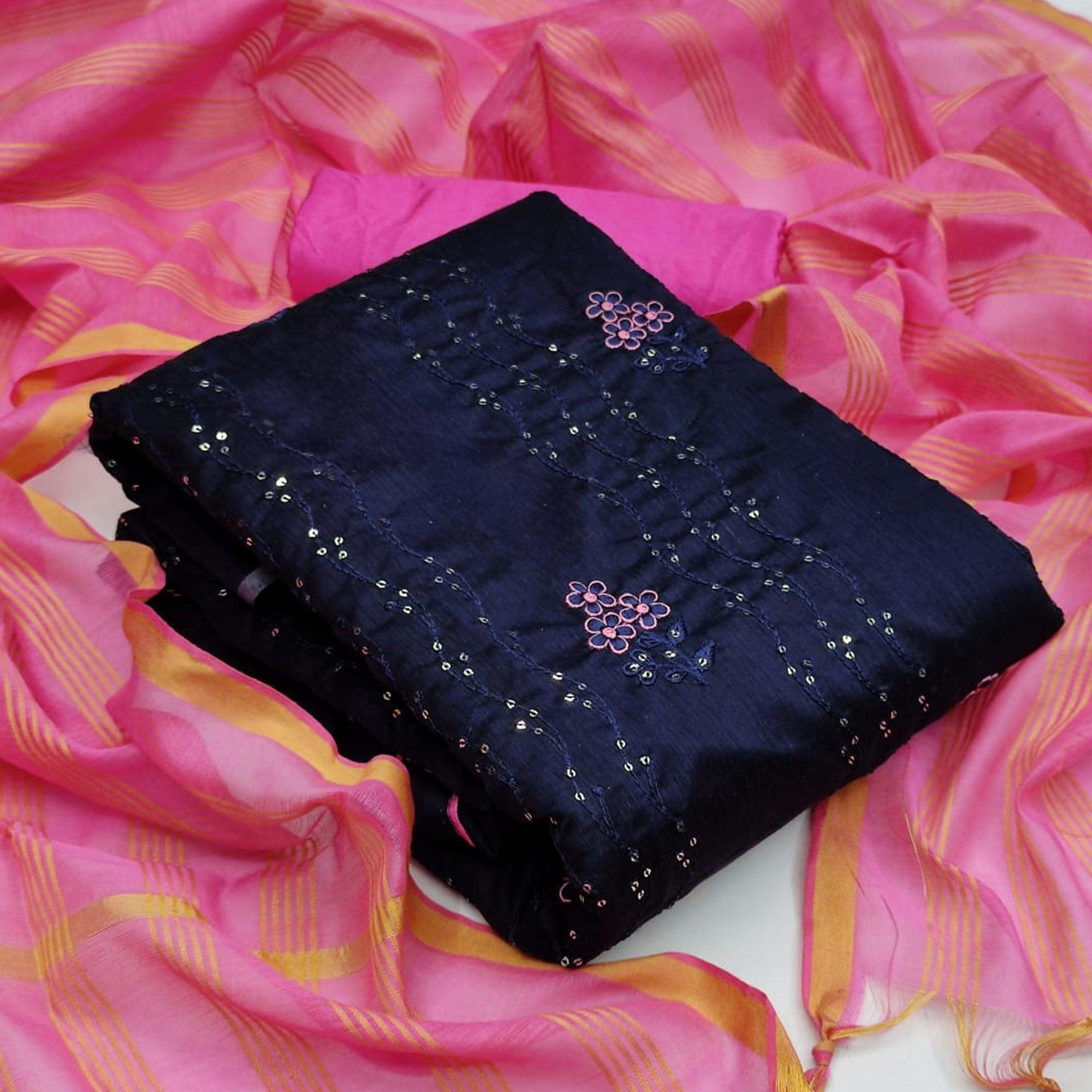Groovy Navy Blue - Pink Colored Casual Wear Embroidered Chanderi Dress Material - Peachmode