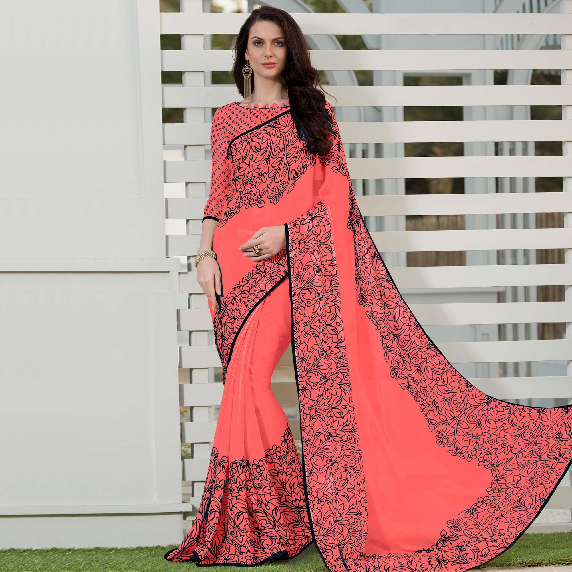 Groovy Peach Colored Partywear Floral Printed Chiffon Saree - Peachmode