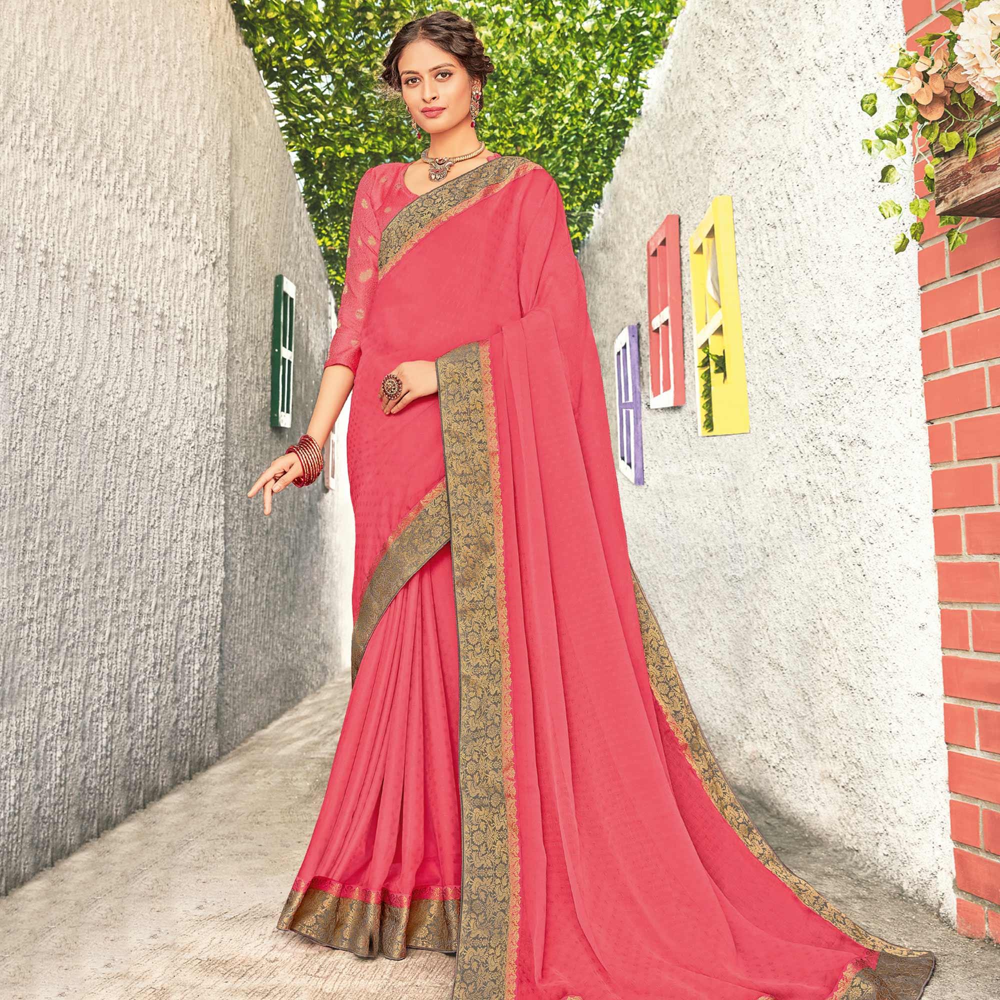 Groovy Peach Coloured Party Wear Embroidered Chiffon Saree - Peachmode