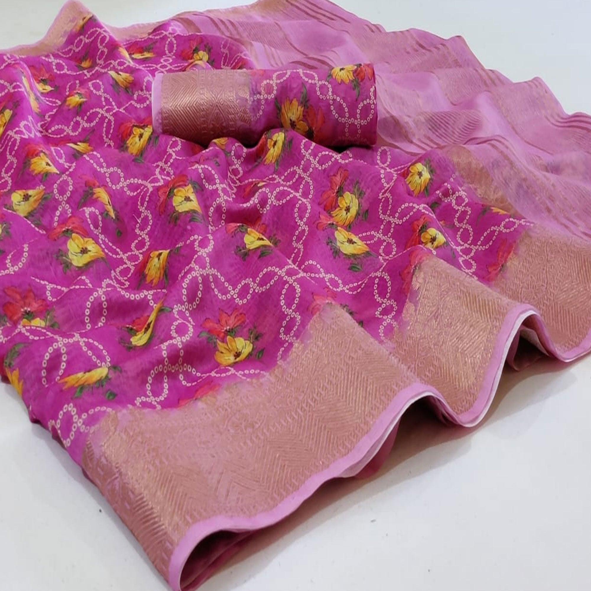 Groovy Pink Colored Festive Wear Woven Banarasi Silk Saree - Peachmode