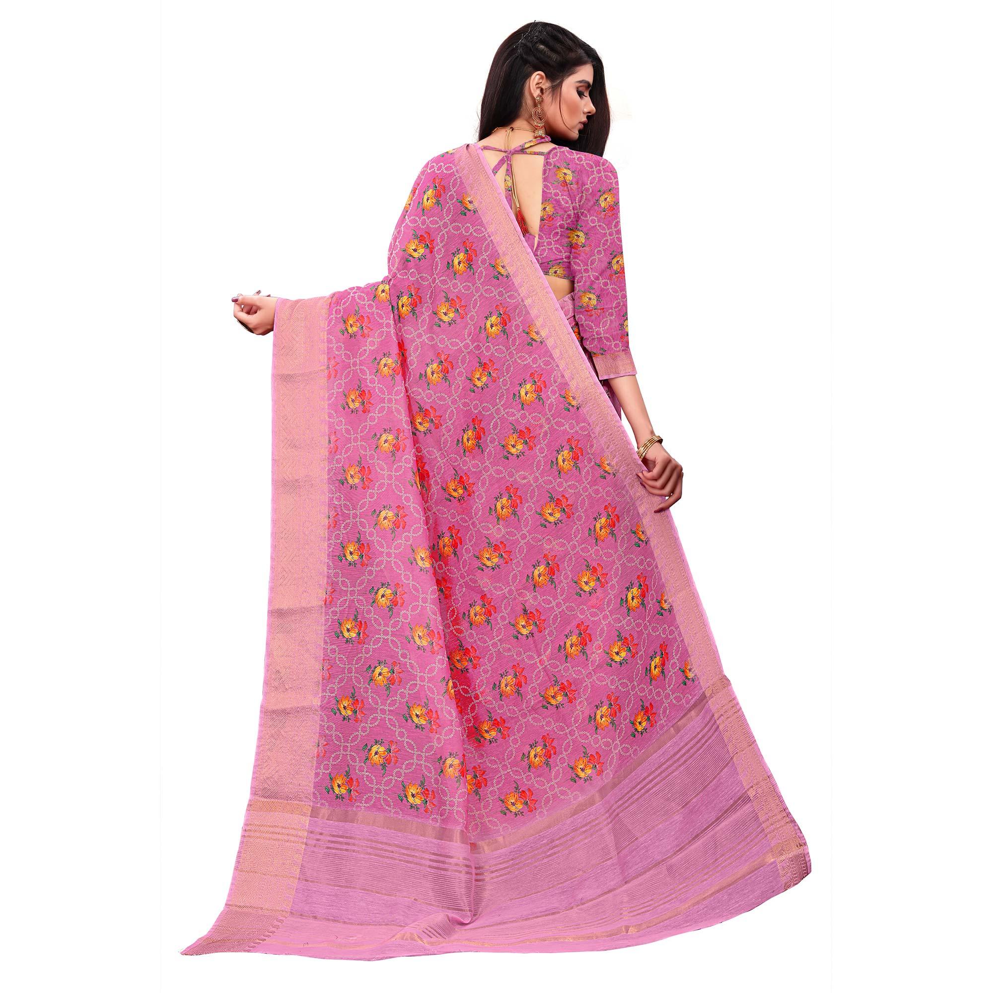 Groovy Pink Colored Festive Wear Woven Banarasi Silk Saree - Peachmode