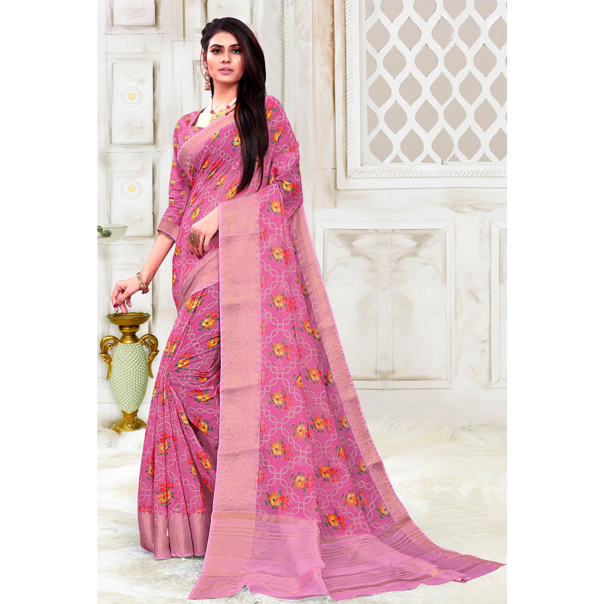Groovy Pink Colored Festive Wear Woven Banarasi Silk Saree - Peachmode